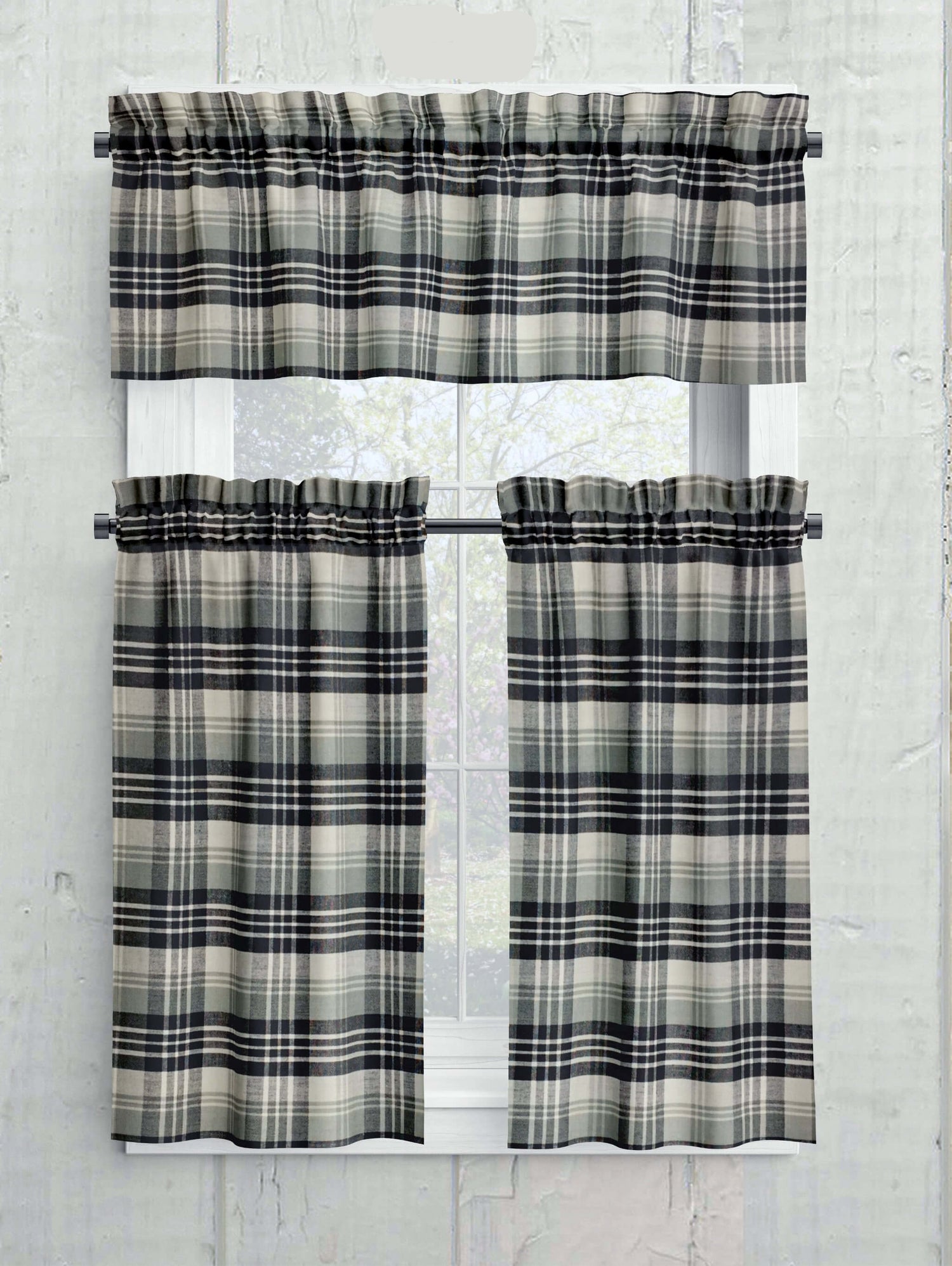 Gray Plaid and Check Homespun Valances and Cafe Curtains