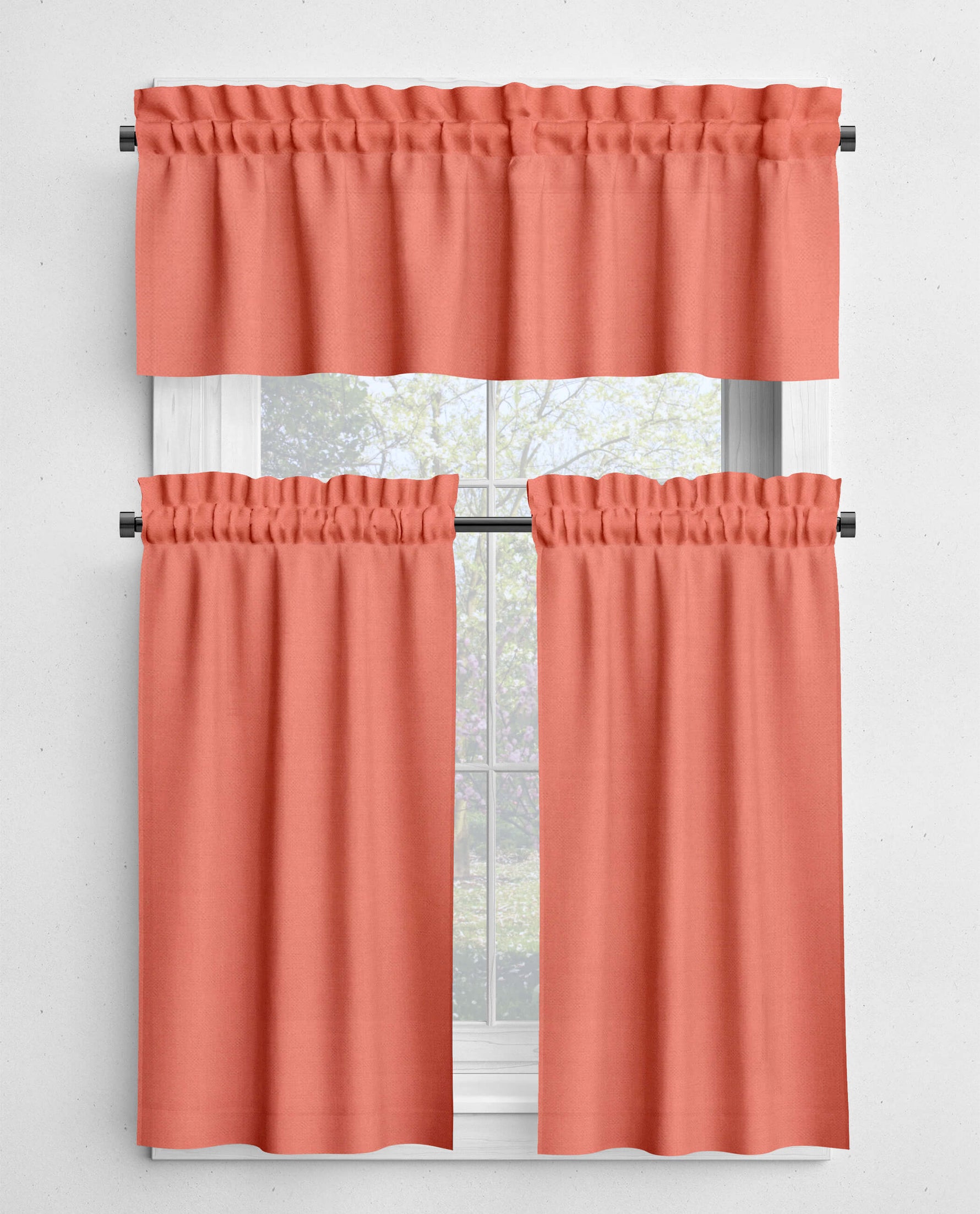 Coral-colored window curtain set with a white background
