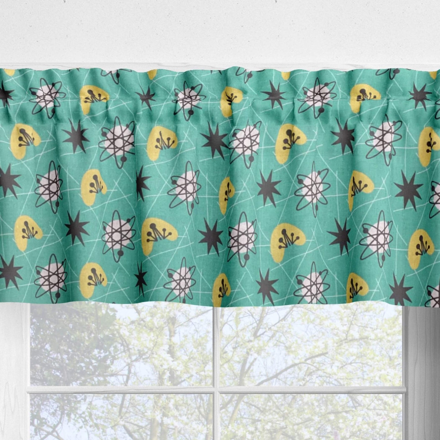 1950s Kitchen Curtains – Retro Atomic Valances & Tiers in Turquoise