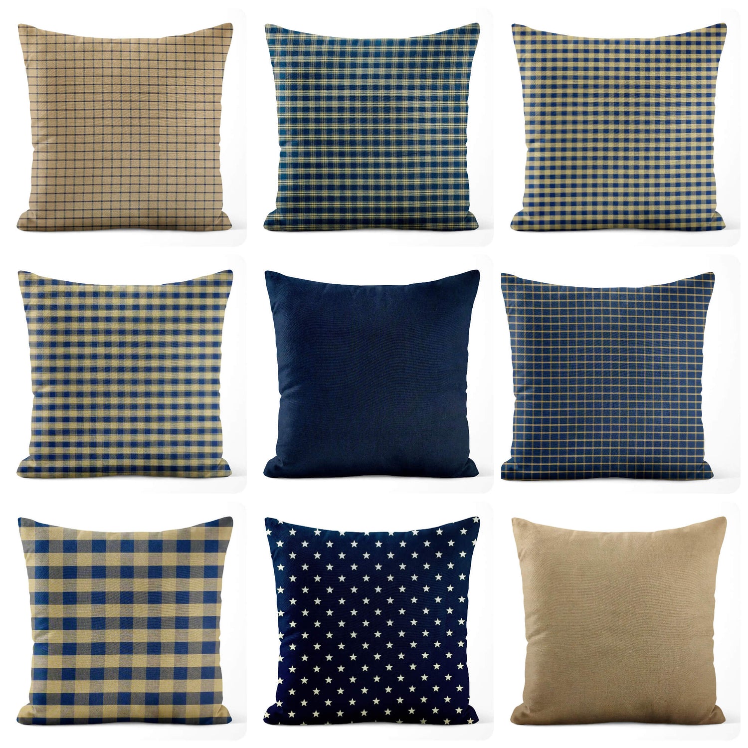 Navy Blue Plaid and Check Homespun Rustic Country Throw Pillow Covers