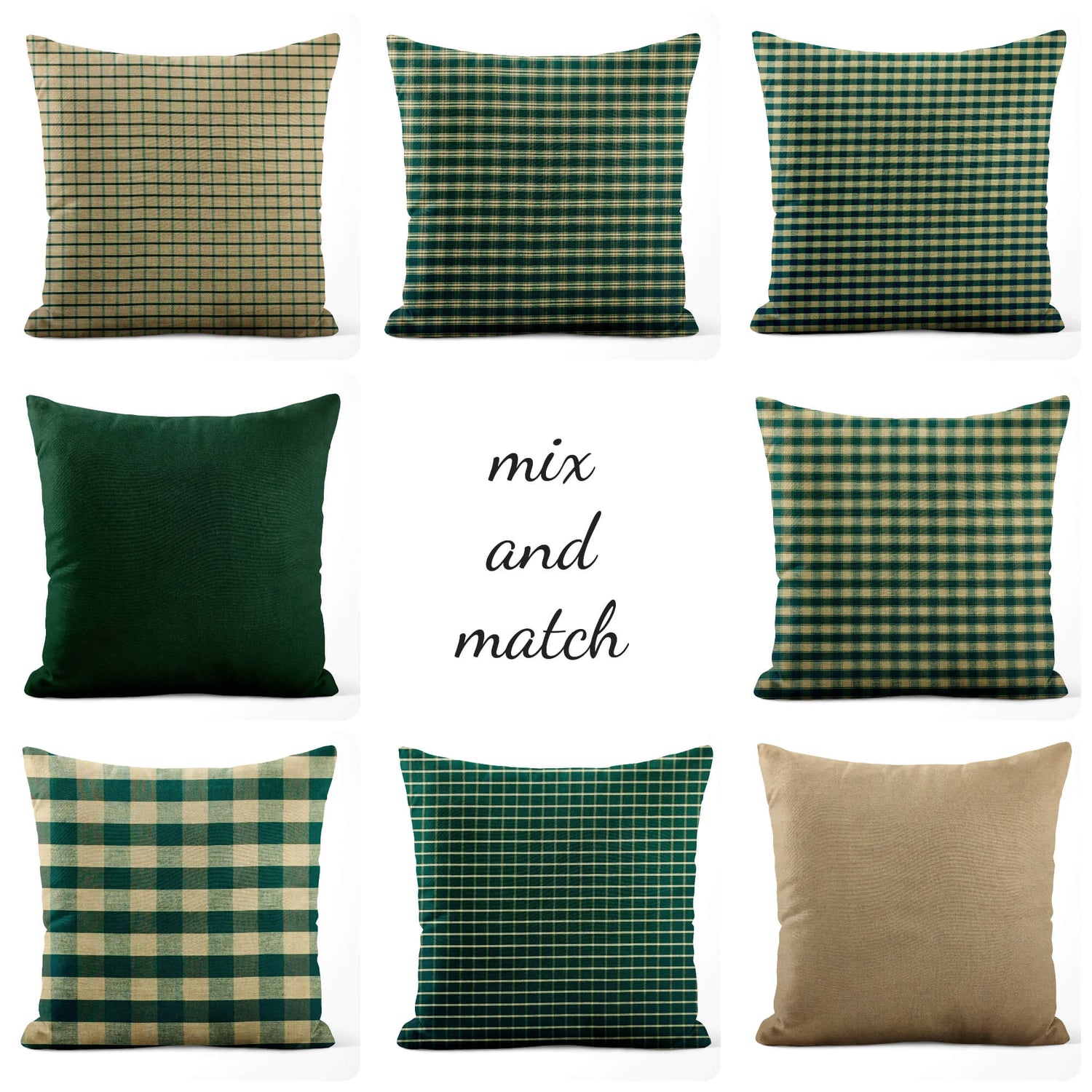 Green Plaid and Check Homespun Rustic Country Throw Pillow Covers