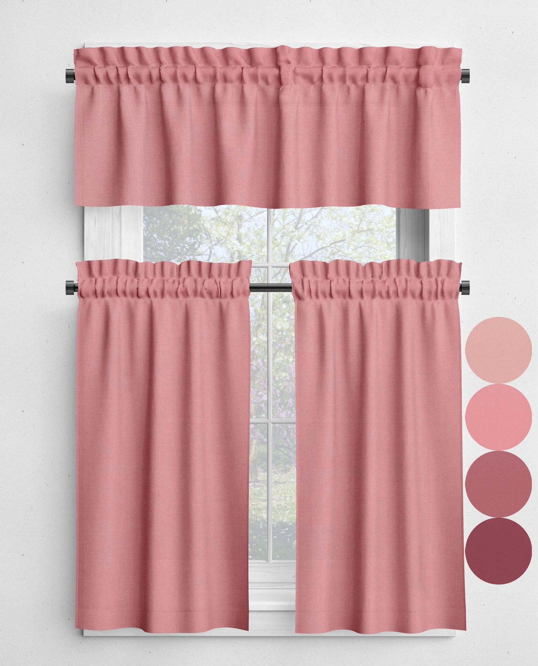 Light Pink, Rose Water, Blush, and Rhubarb Valances and Cafe Curtains