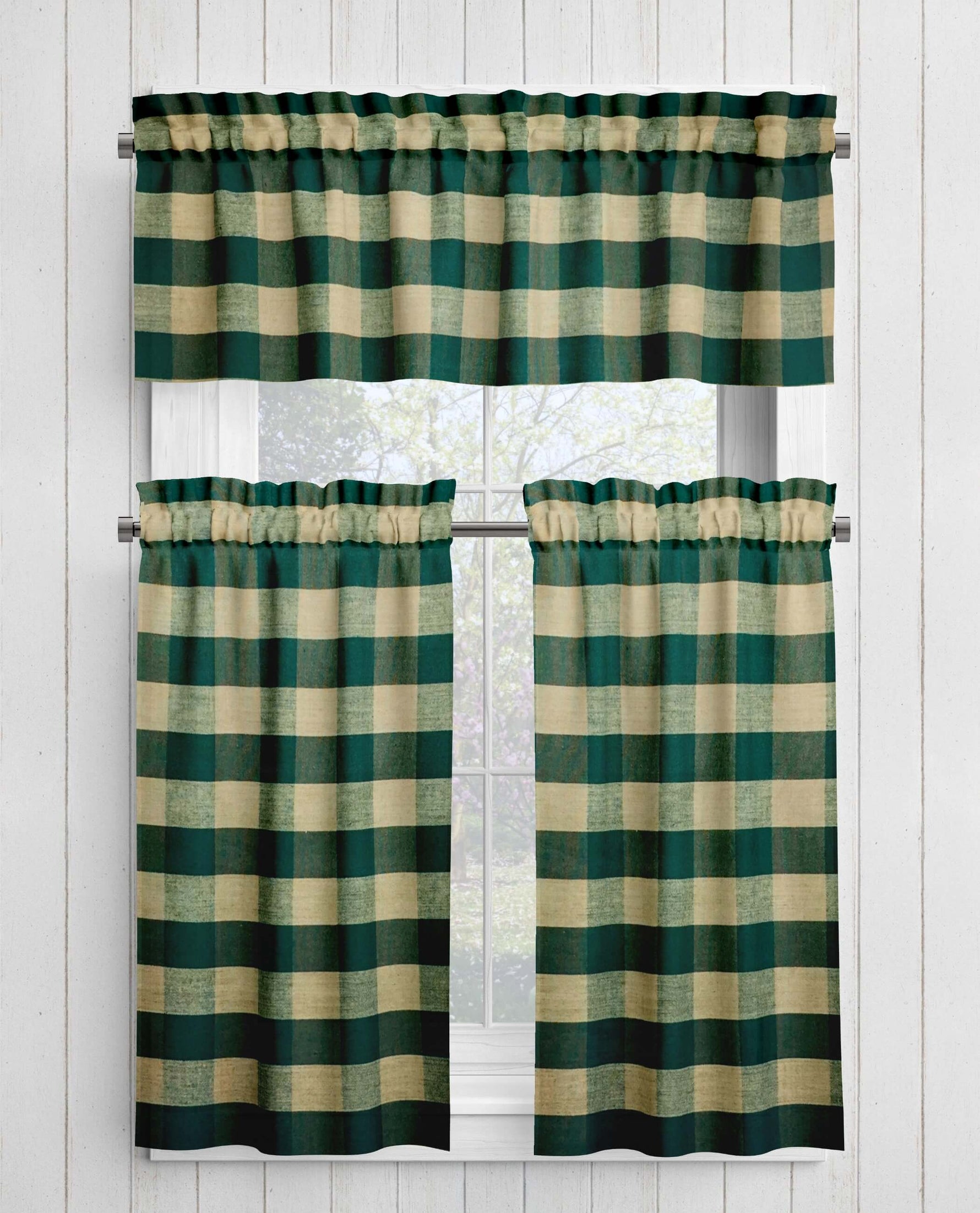 Green and Tan Homespun Curtains – Rustic Plaid Farmhouse buffalo check