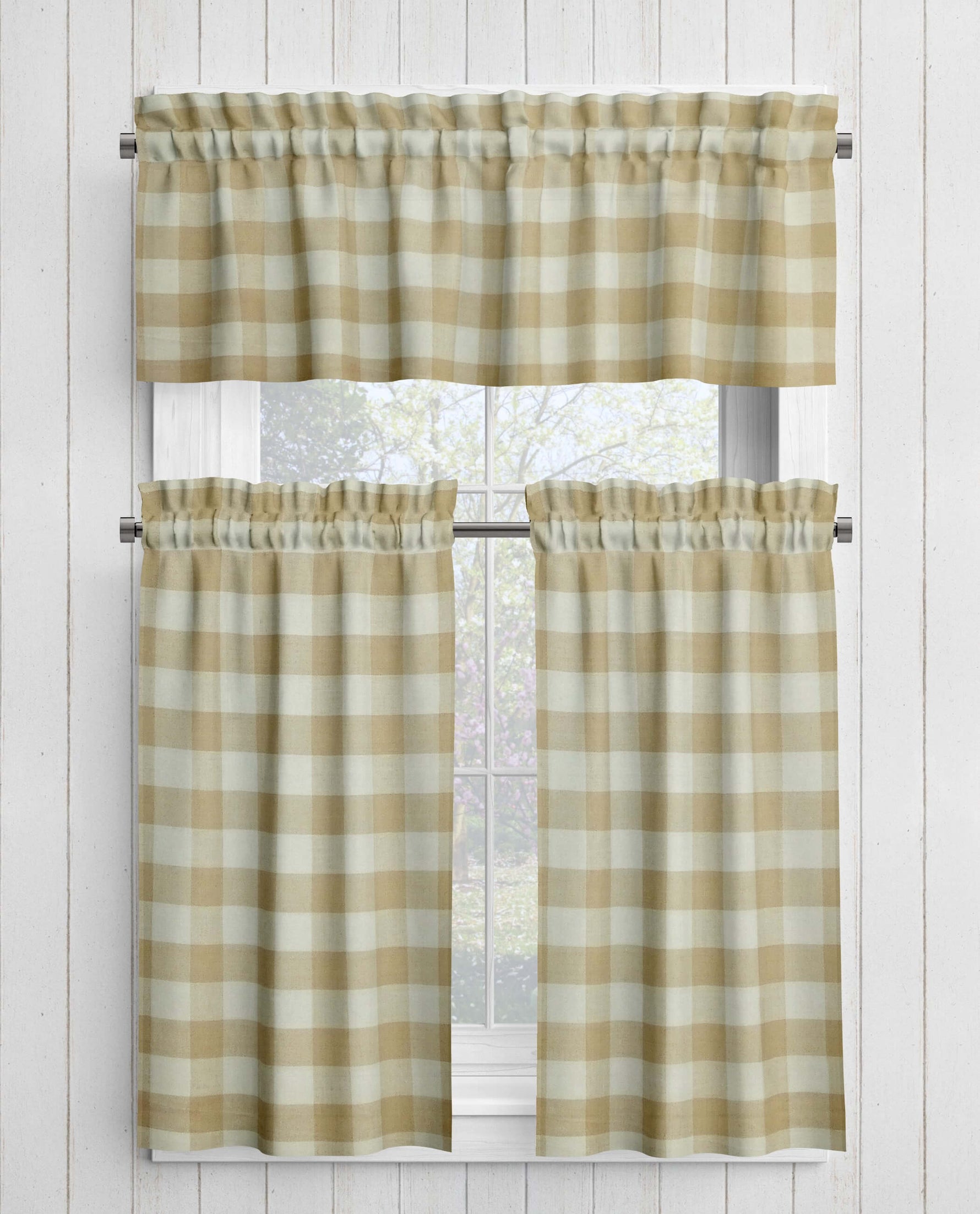Checkered curtains on a window with a white wooden background