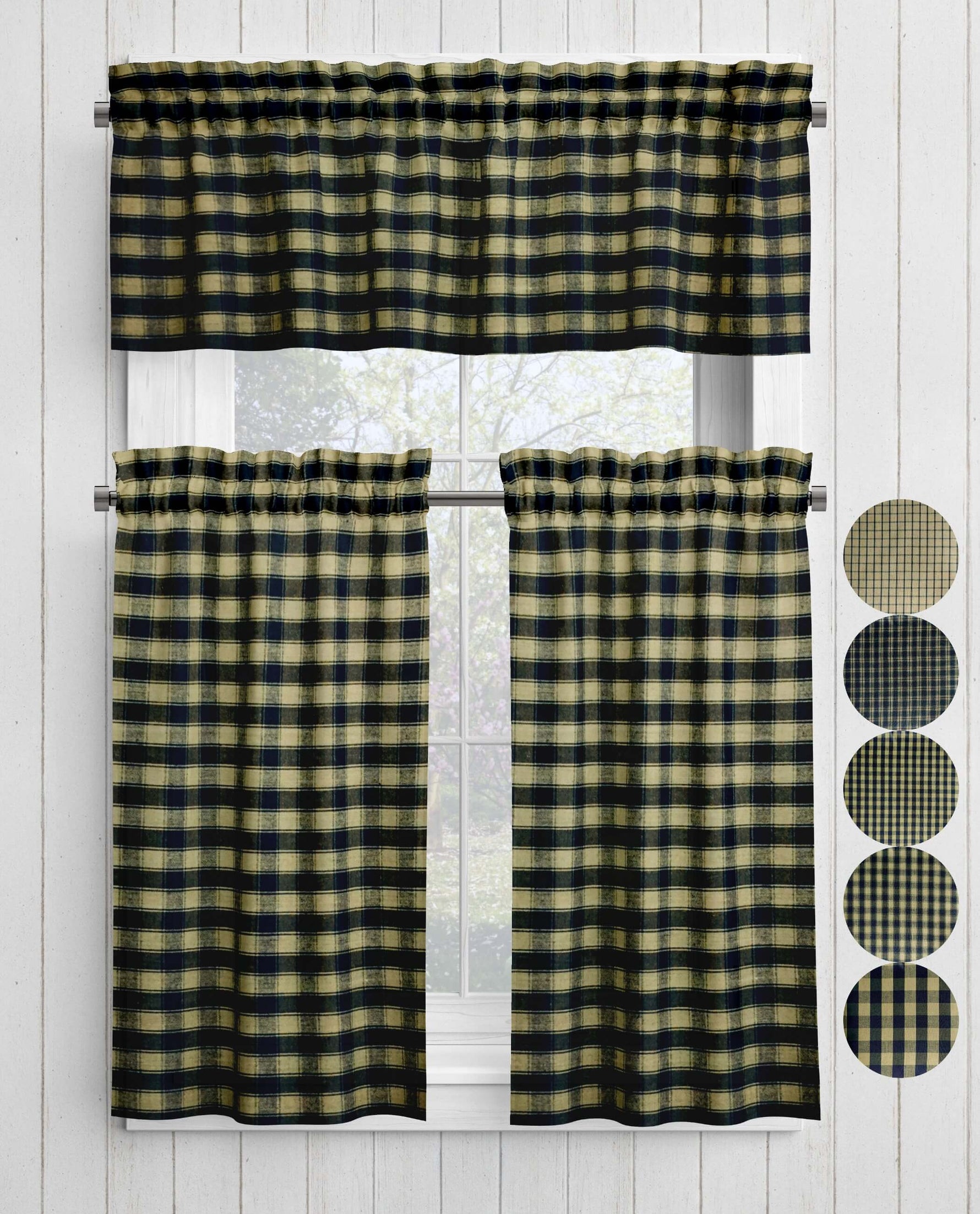 Black Plaid and Check Homespun Valances and Cafe Curtains