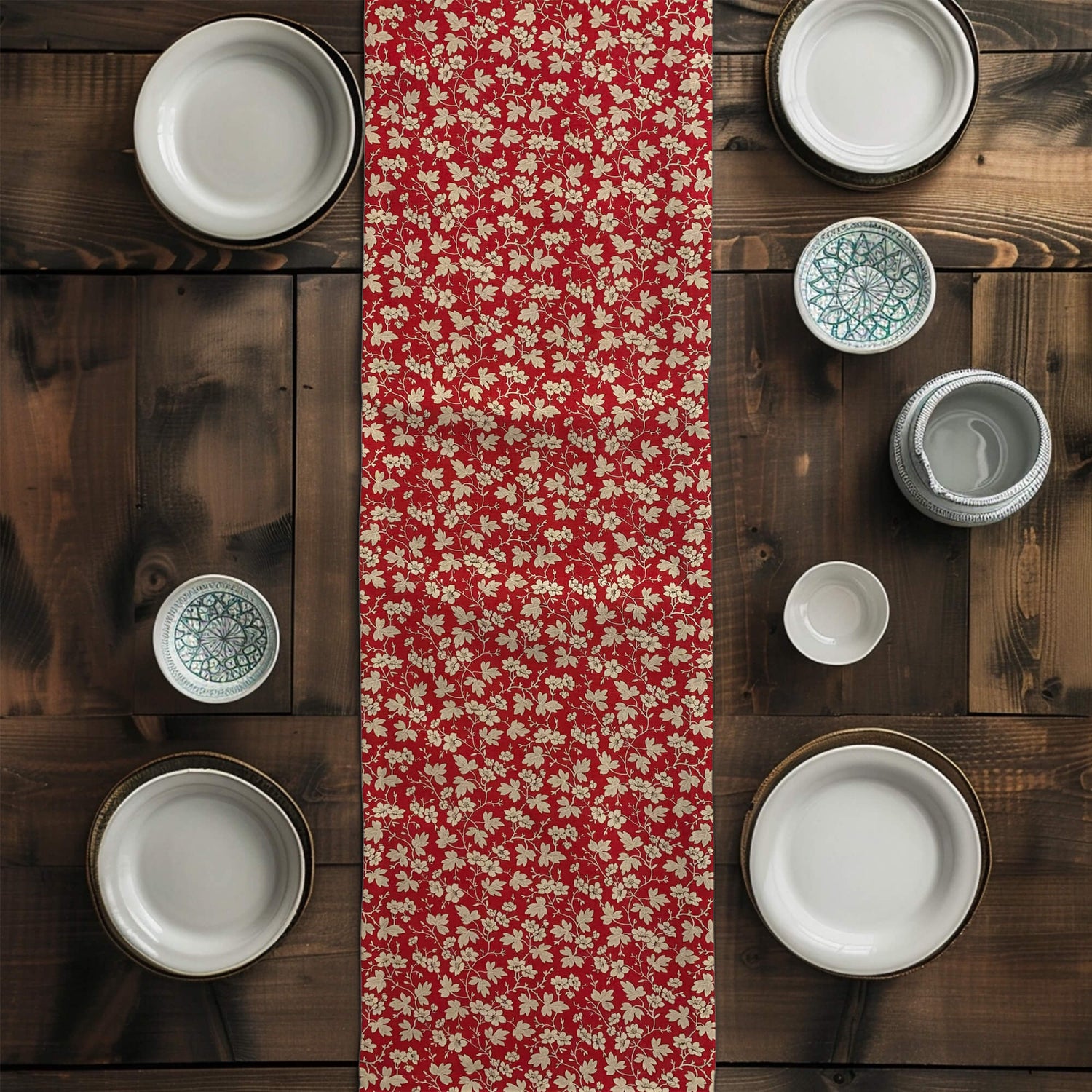 French Country Table Runners & Placemats – Gold Mignon Floral on Rouge Red