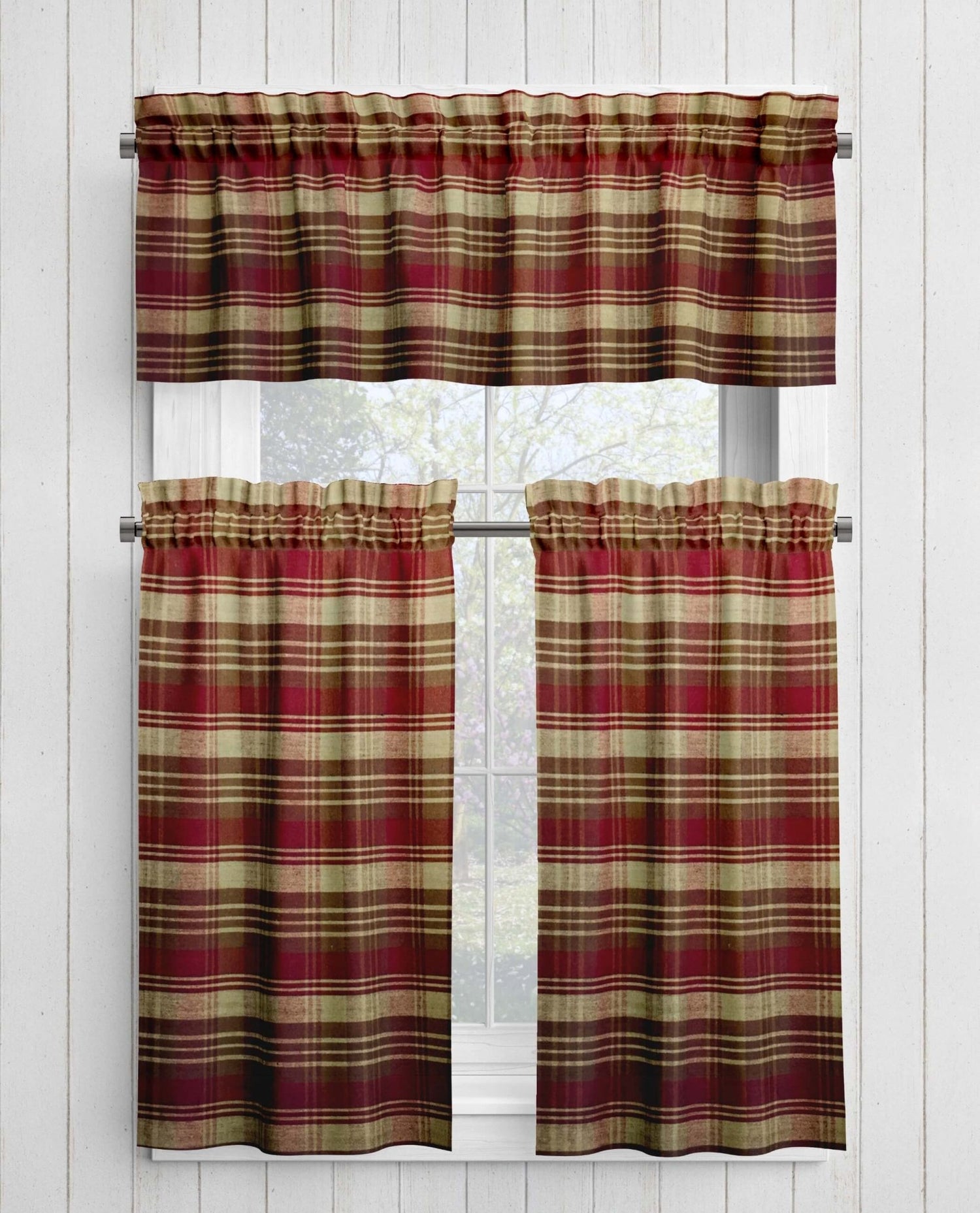 Burgundy, Brown, and Tan Plaid Homespun Curtains – Rustic Farmhouse