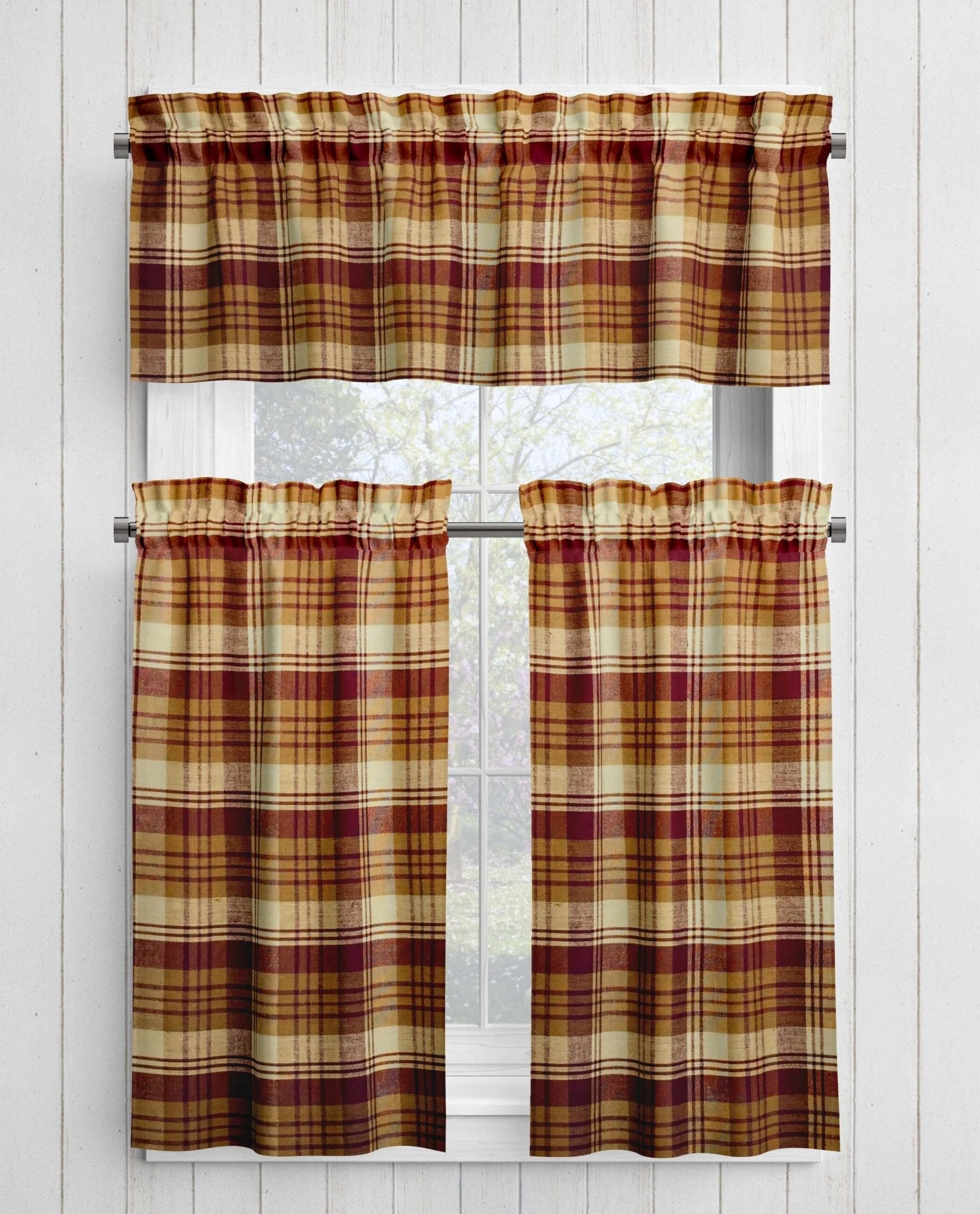 Burgundy, Mustard Gold, and Cream Plaid Homespun Curtains – Rustic Farmhouse