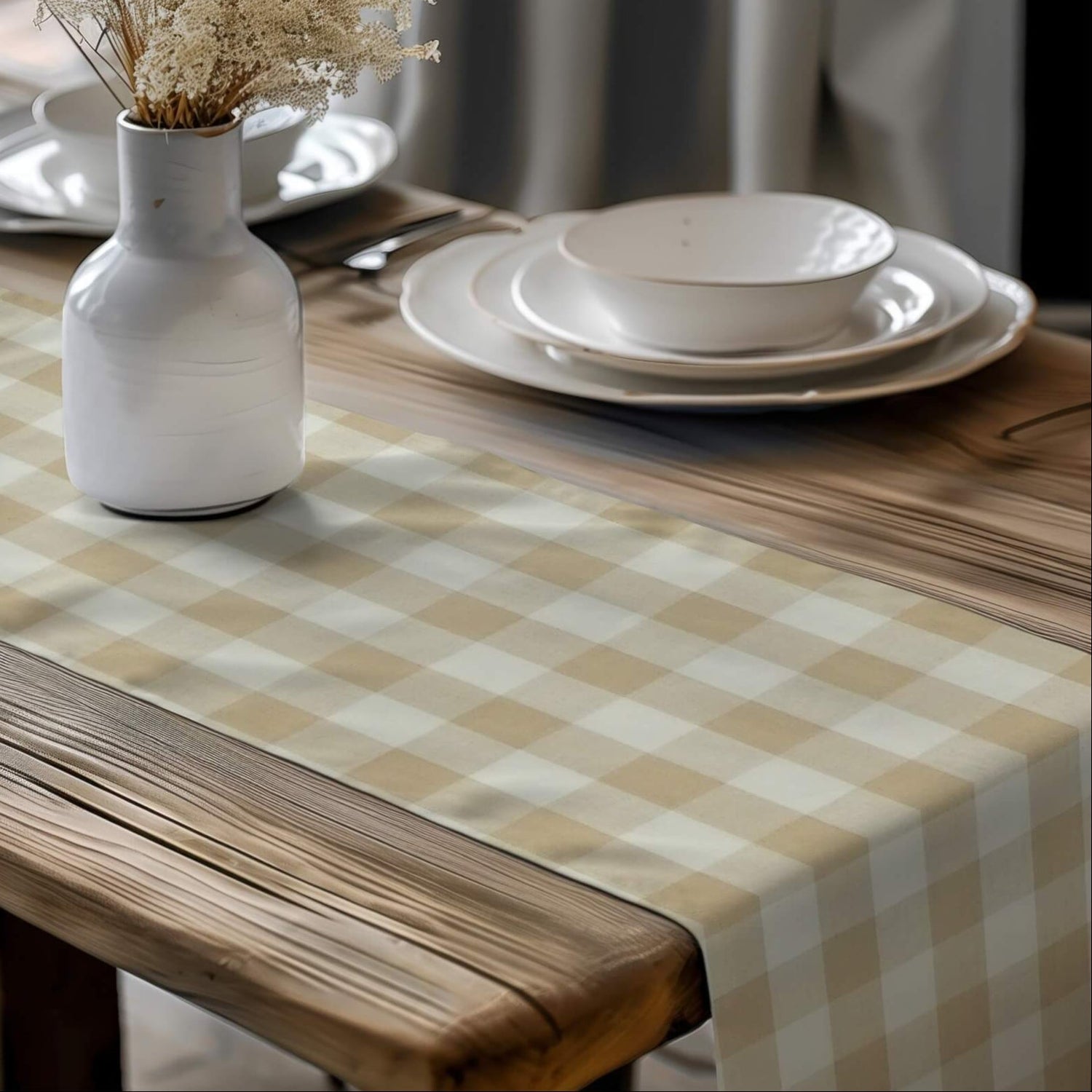 Cream Plaid Table Runners – Rustic Farmhouse Style