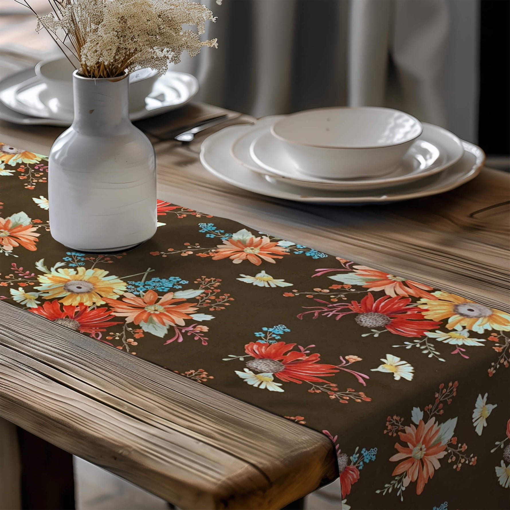 Fall Bouquet Table Runner – Autumn Floral Dining Decor, Thanksgiving, Rustic Farmhouse Style