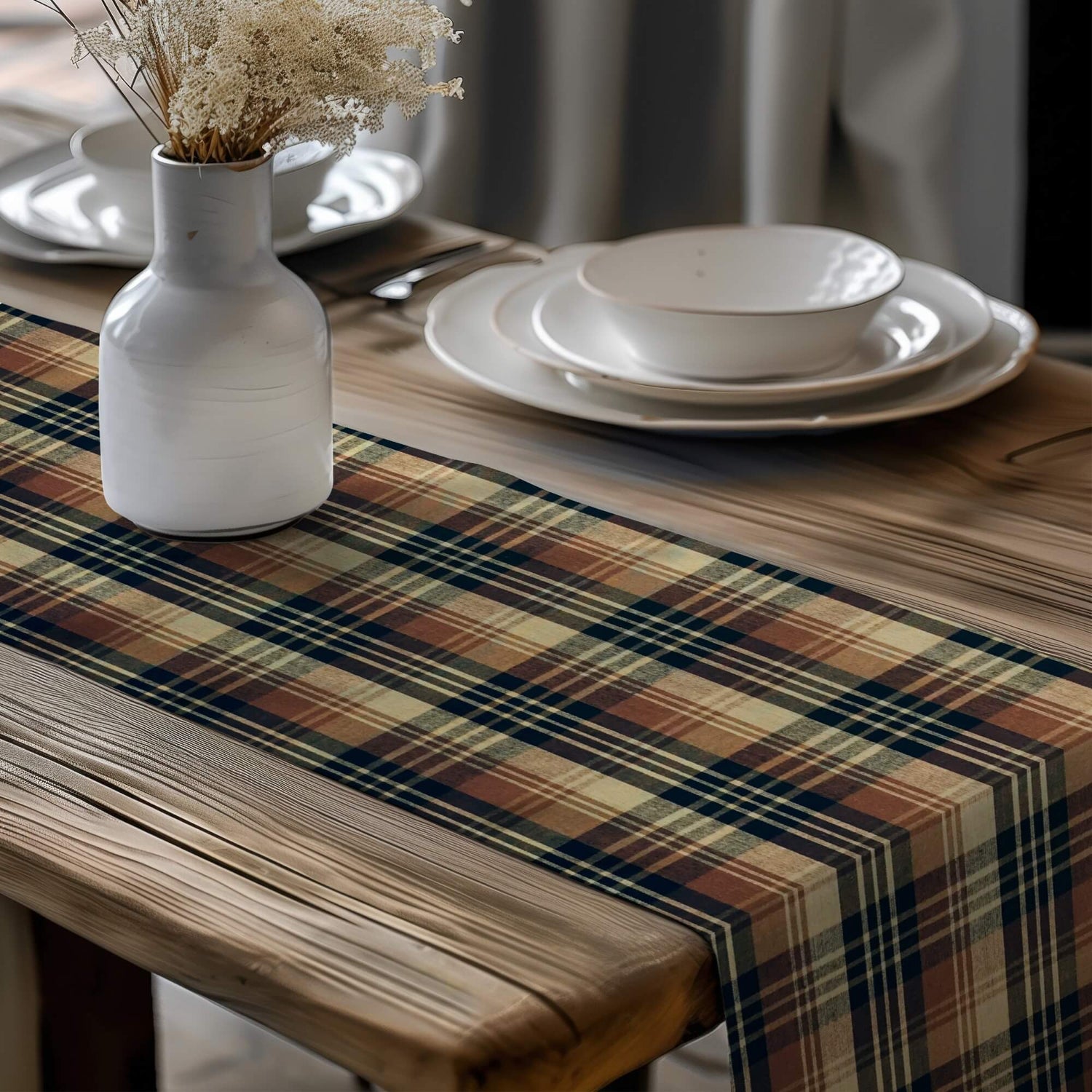 Fall Farmhouse Table Runners and Placemats – Brown, Black & Tan Plaid