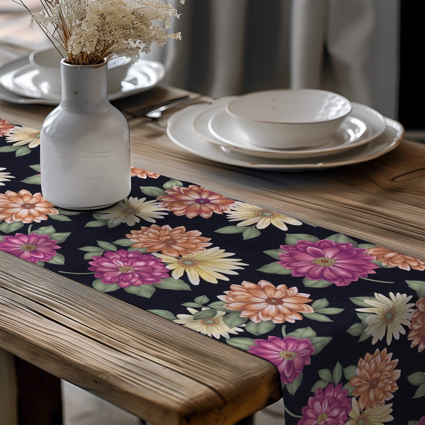 Fall Mum Floral Table Runner – Autumn Dining Decor, Thanksgiving, Rustic Farmhouse Style