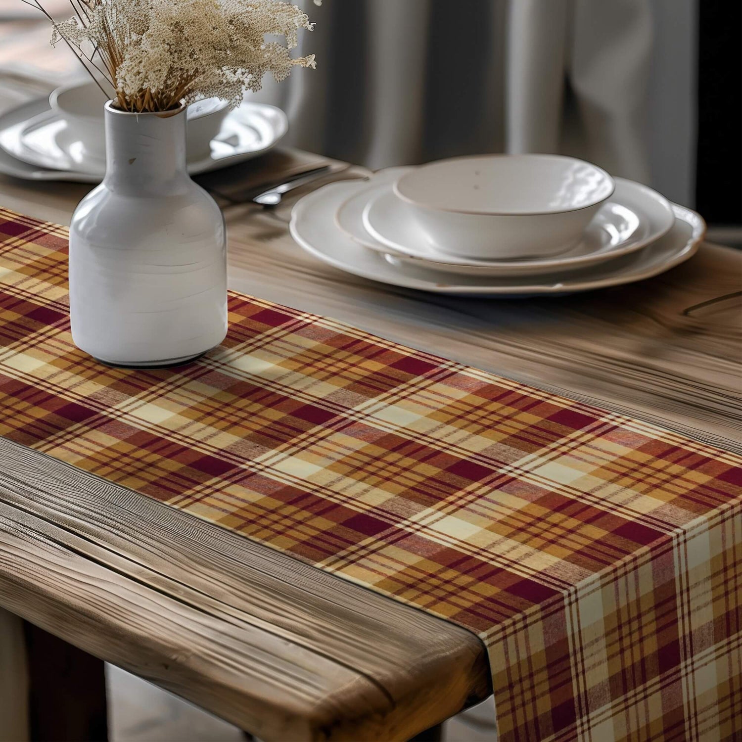 Farmhouse Table Runners and Placemats – Burgundy, Gold & Cream Plaid