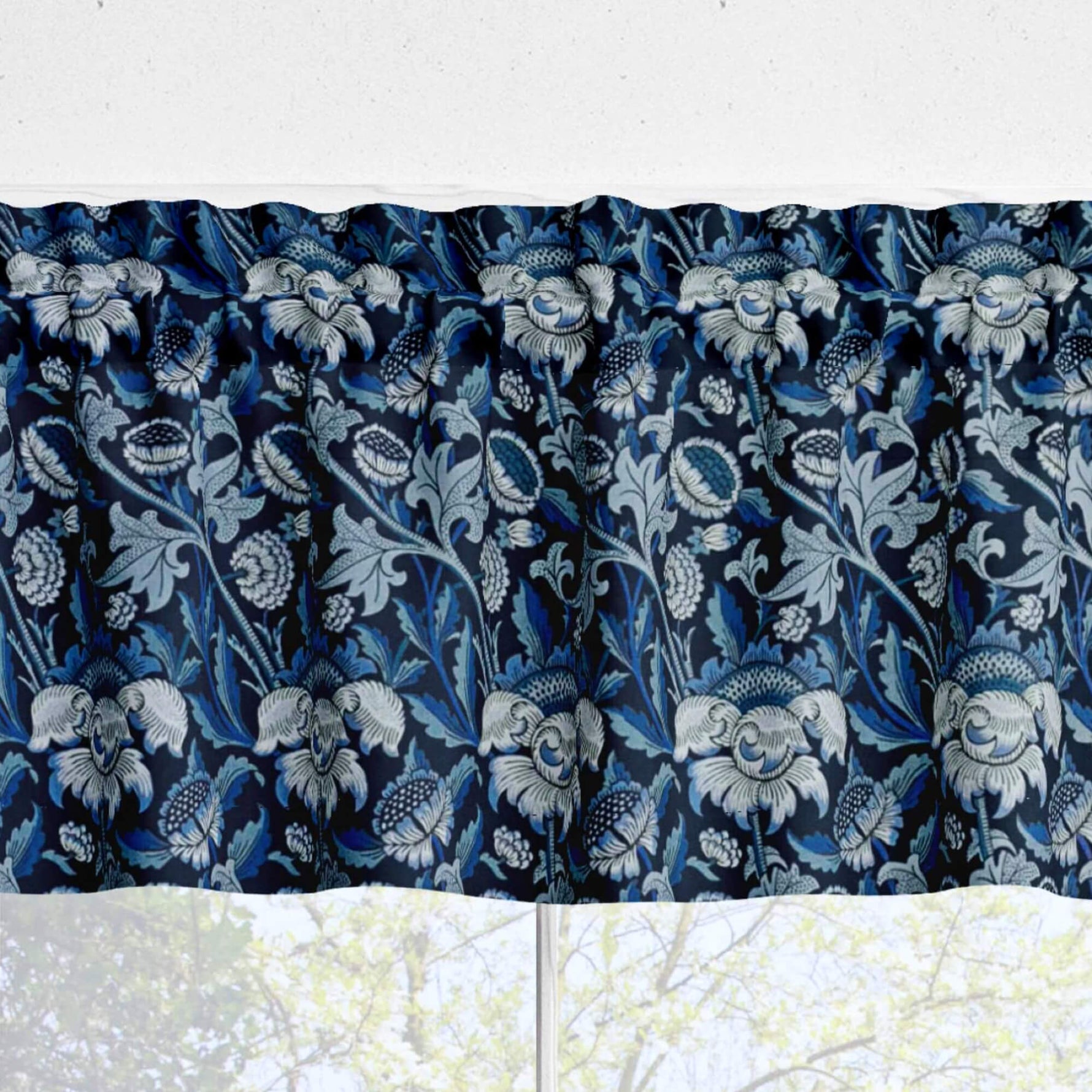 Floral Damask Valances and Tier Curtains – Kelmscott Blue or Rose Gold