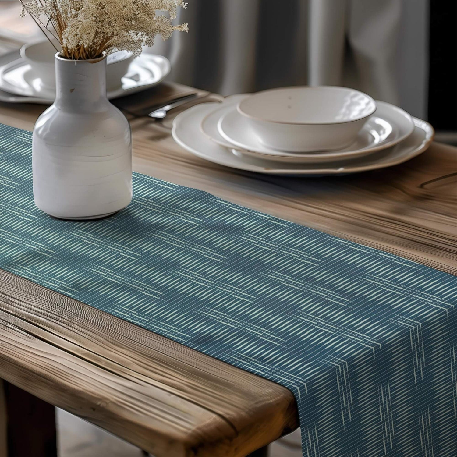 Lake Blue Cotton Table Runner: Modern Rustic Cattail Design