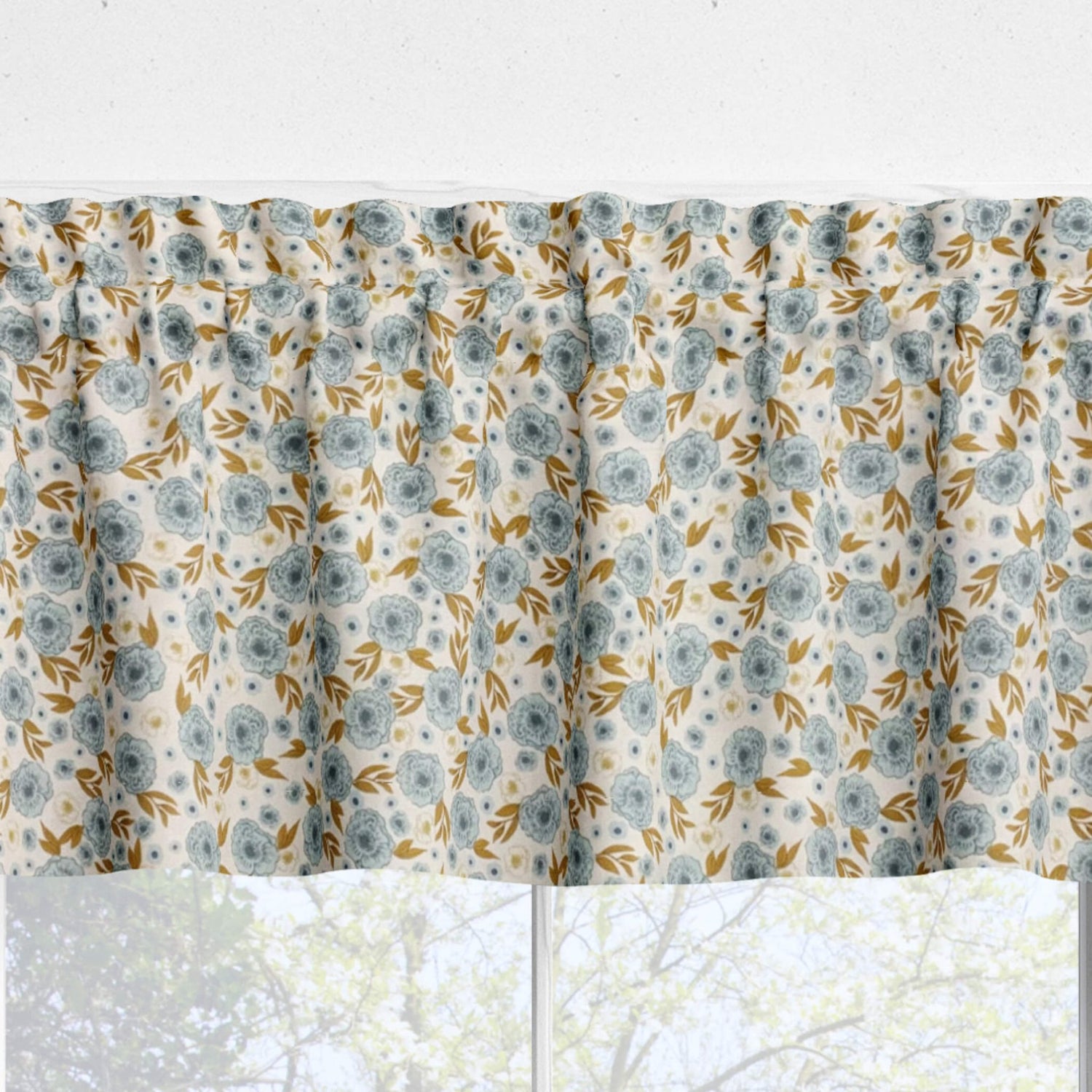 Last Bloom Floral Valances and Cafe Curtains - Cream or Blue