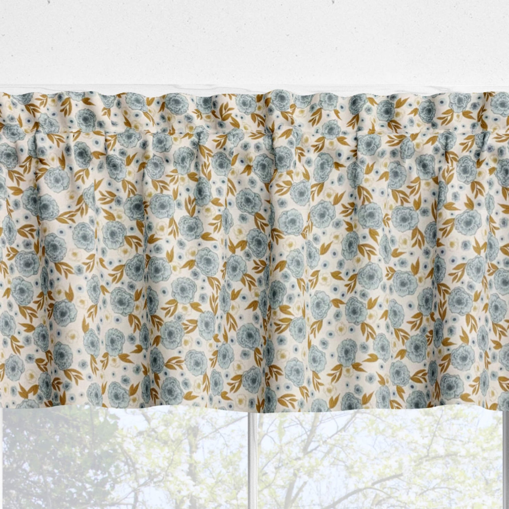 Last Bloom Floral Valances and Cafe Curtains - Cream or Blue