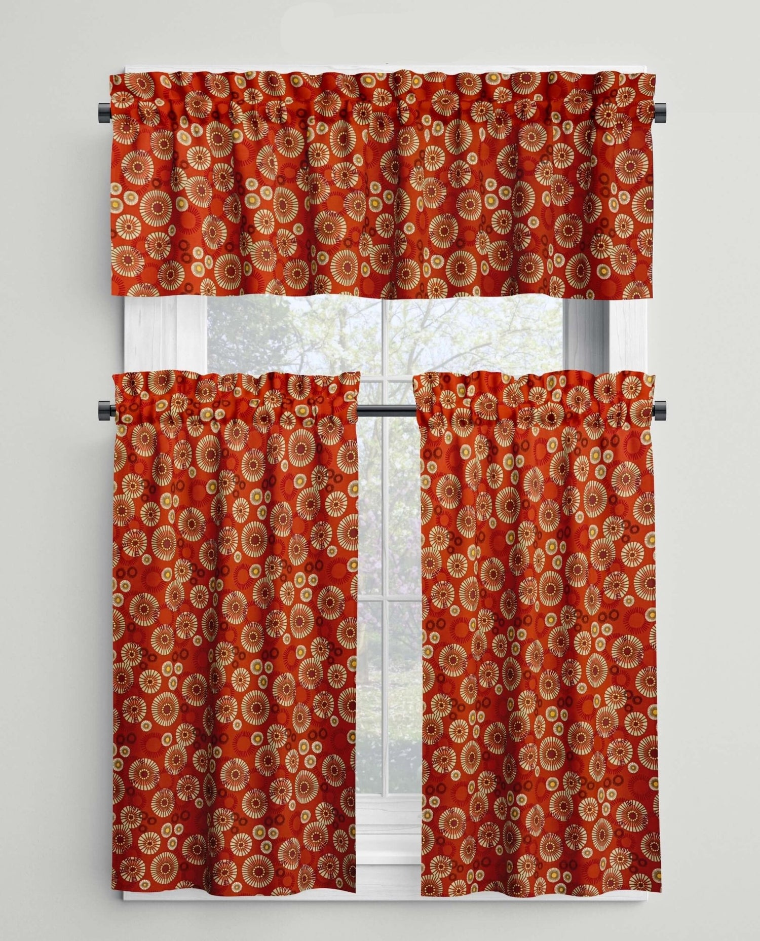 Modern Medallion Sunburst Rod Pocket Valances and Cafe Curtains