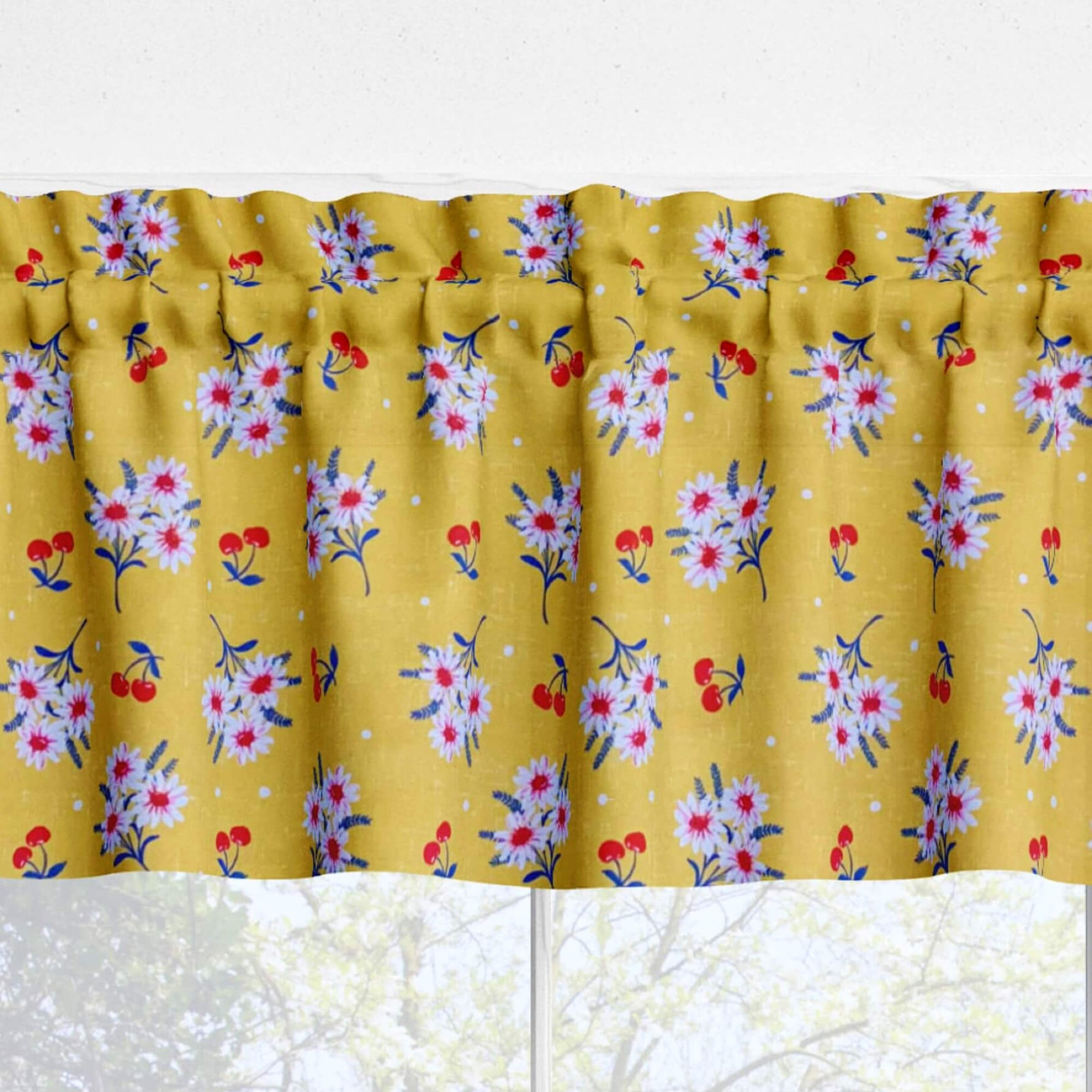 Yellow and Blue Cherry Daisy Valances – Vintage Kitchen Window Treatments