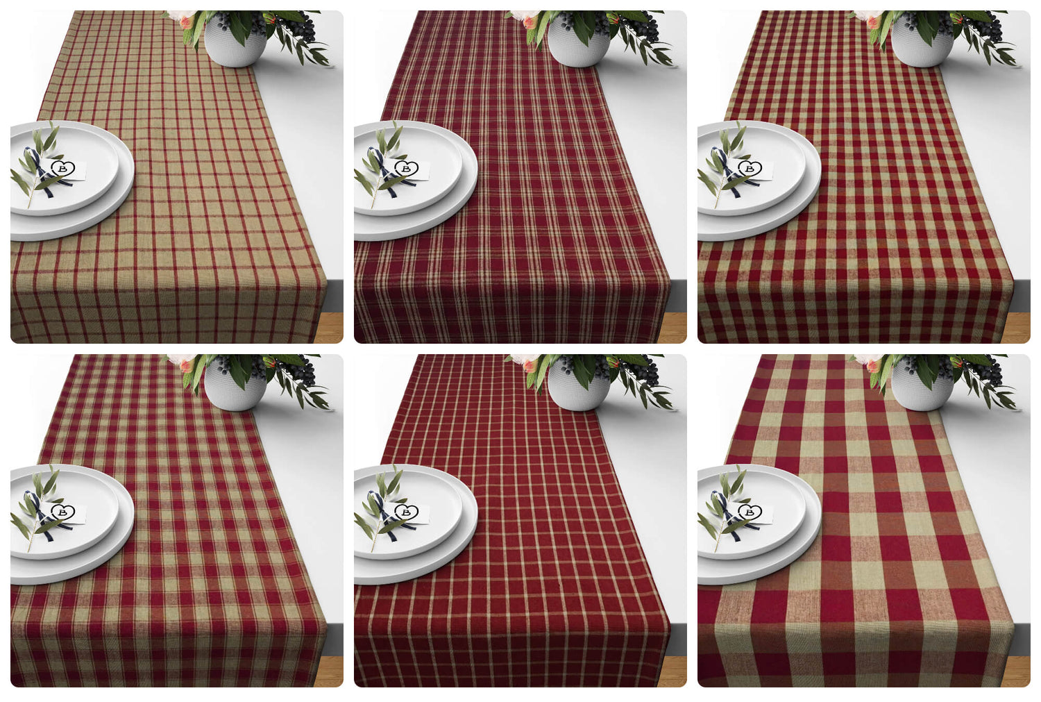 Burgundy Red Plaid and Check Homespun Rustic Country Table Runners