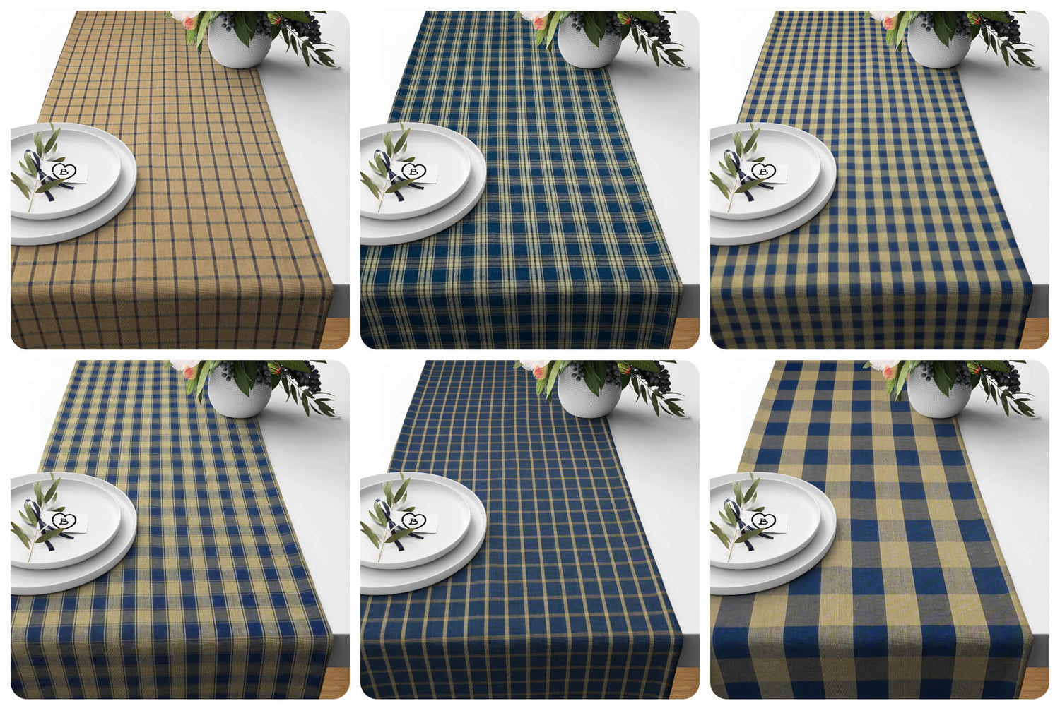 Navy Blue Plaid and Check Homespun Rustic Country Table Runners