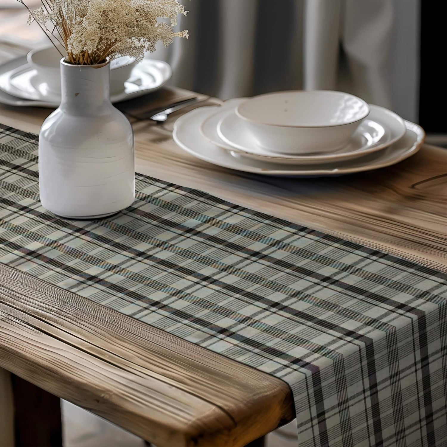Gray Plaid and Check Homespun Rustic Country Table Runners