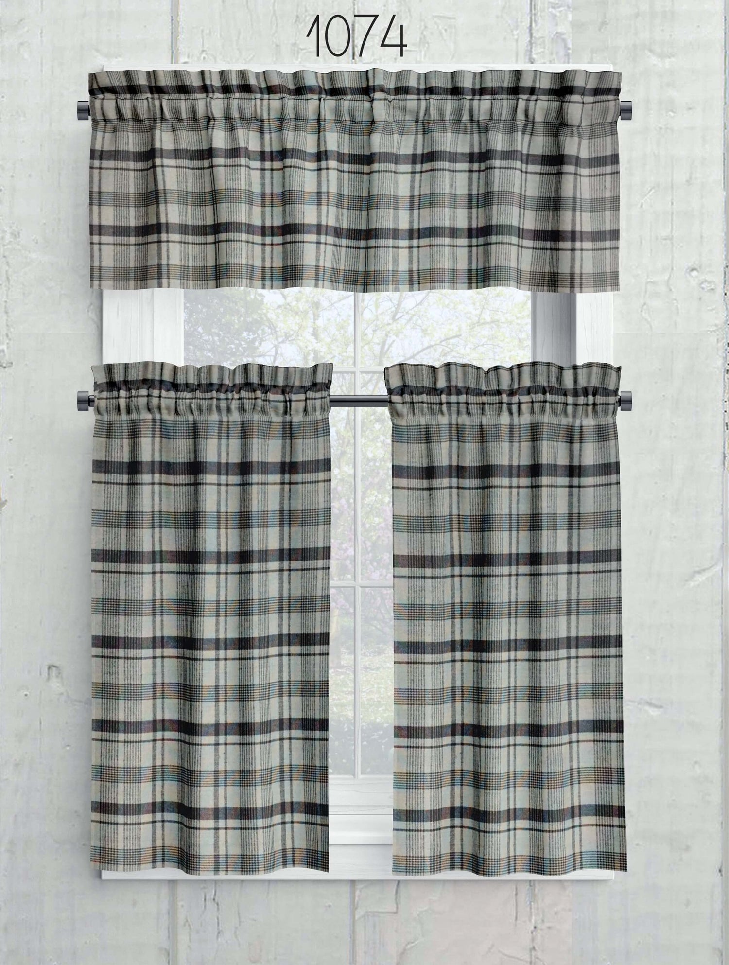Gray Plaid and Check Homespun Valances and Cafe Curtains