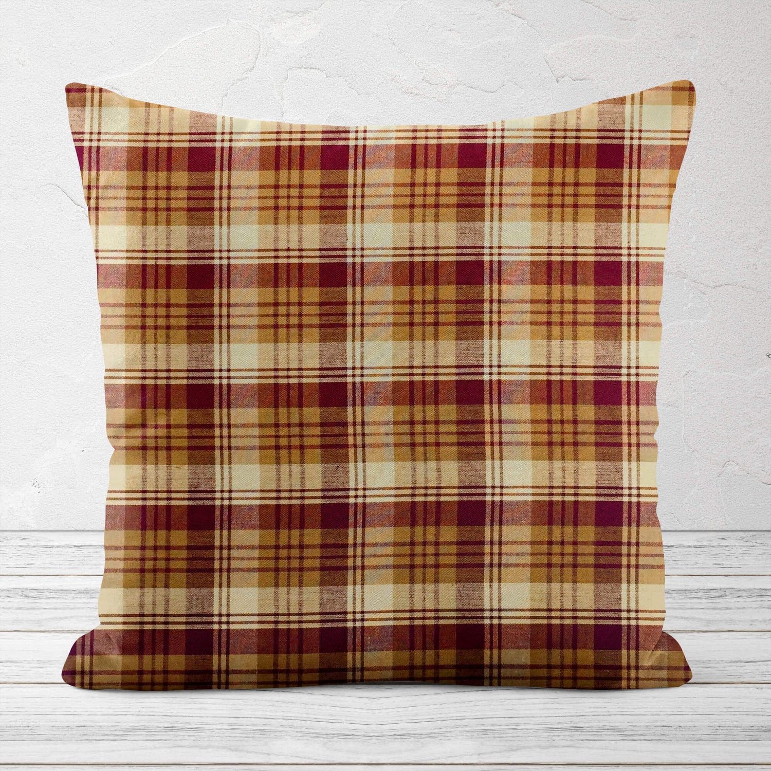 Red, Mustard, and Cream Plaid Homespun Throw Pillow Covers