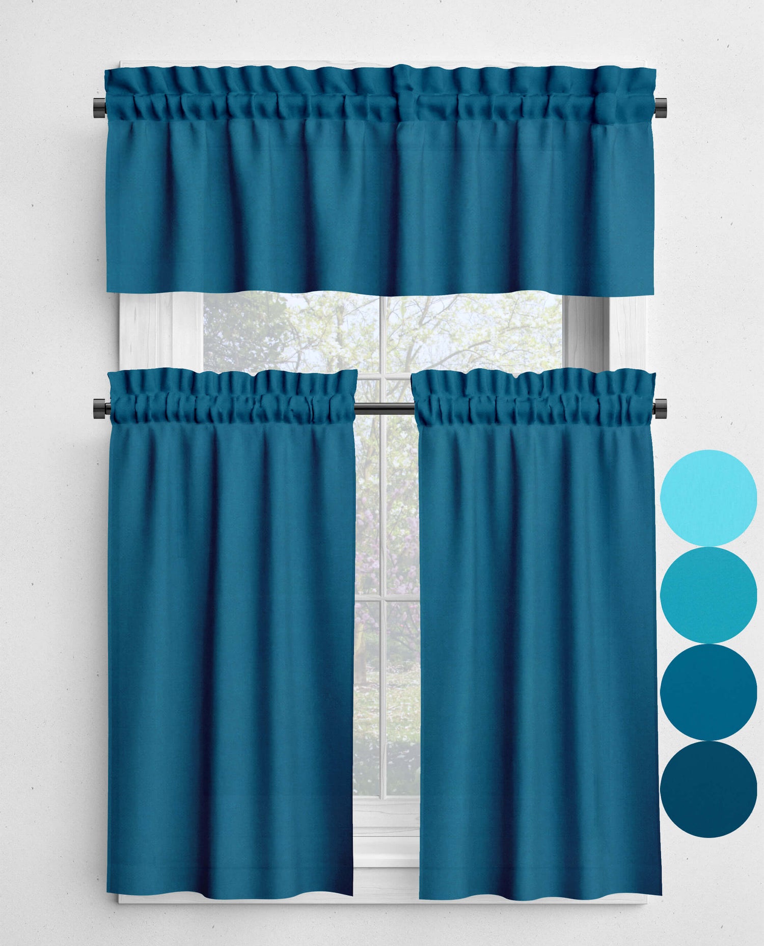 Pool, Blue Chill, Horizon, and Prussian Valances and Cafe Curtains