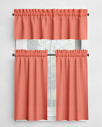 Coral-colored window curtain set with a white background