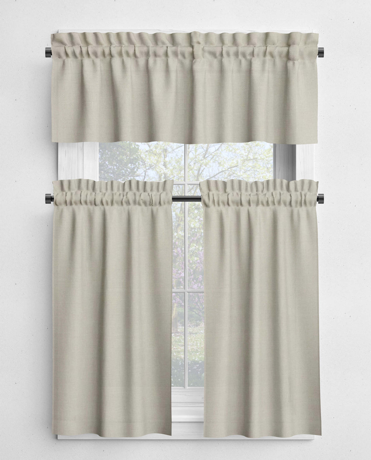 Beige window curtain set with a white background