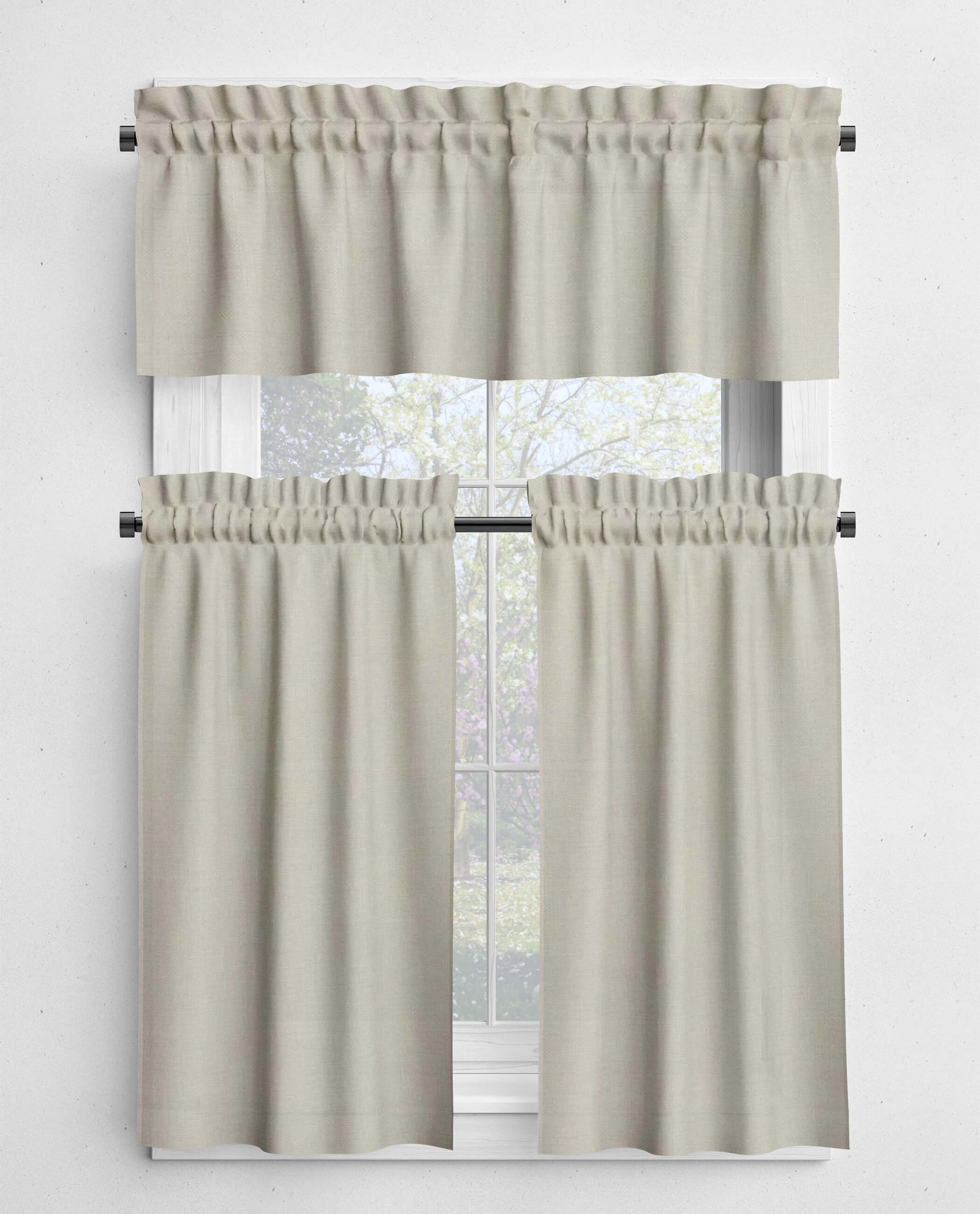 Beige window curtain set with a white background