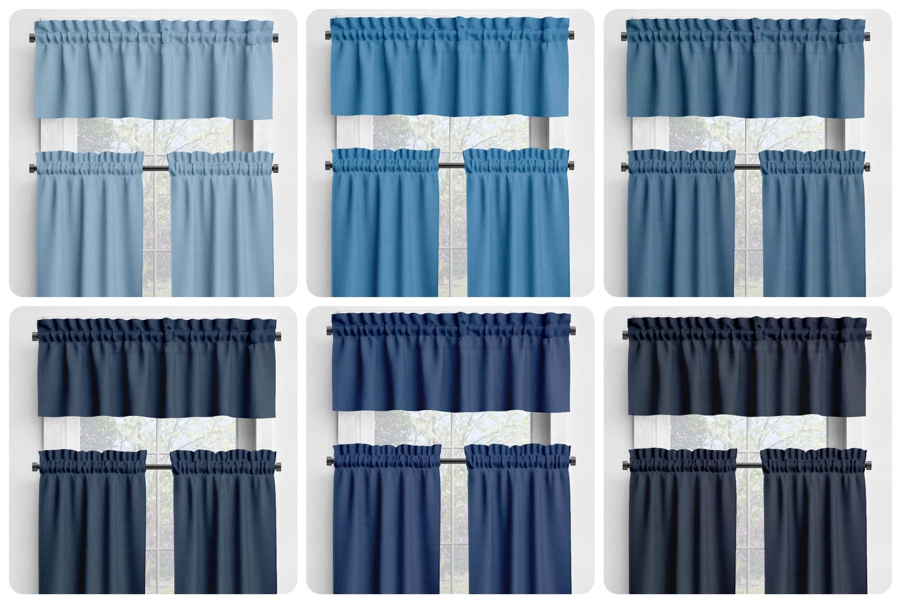 Glacier, Coastal, Lake, American Blue, and Navy Valances and Cafe Curtains