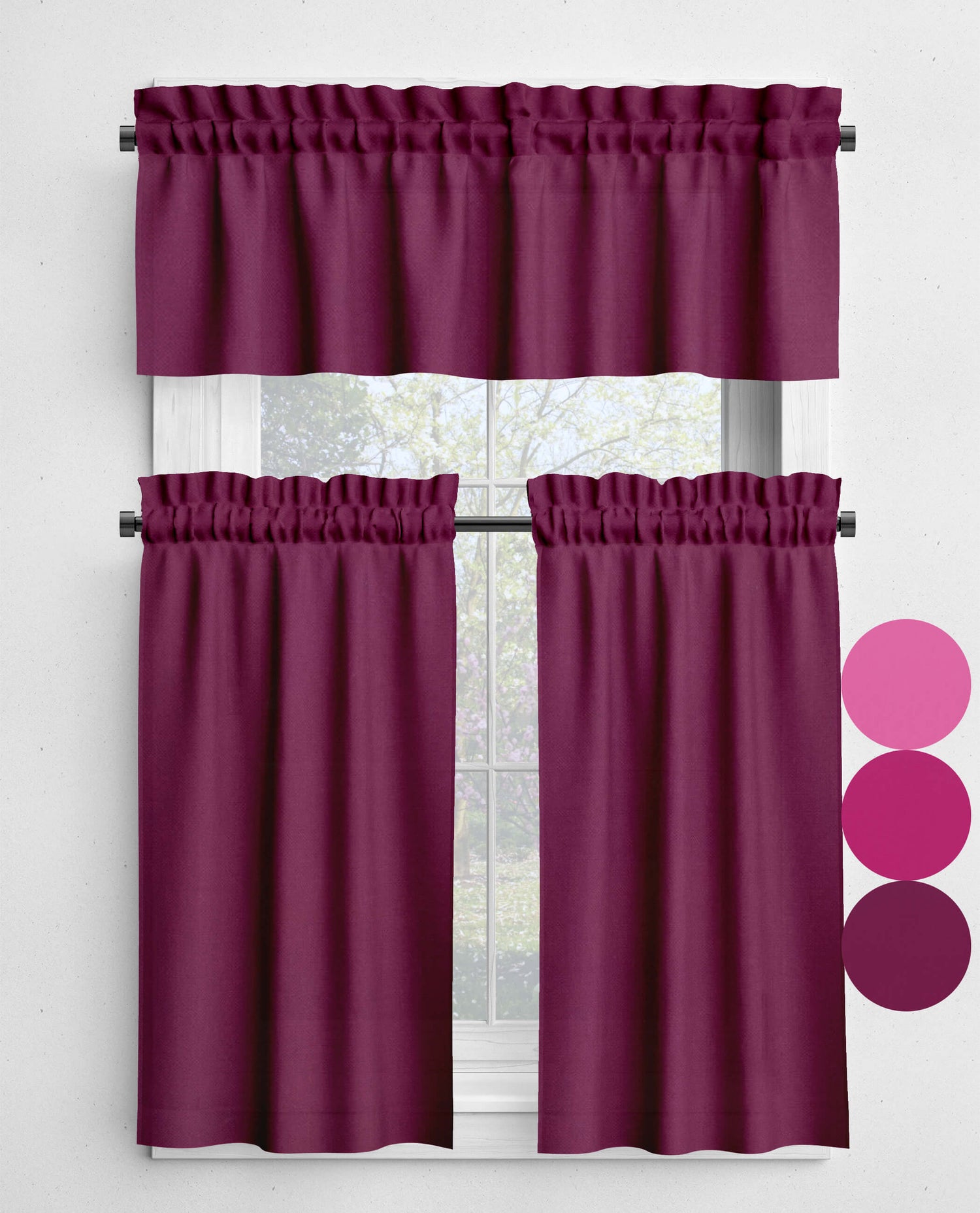 Petal Pink, Berrylicious, and Boysenberry Valances and Cafe Curtains