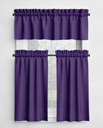 Purple window curtain set with a valance and two tiers on a white background