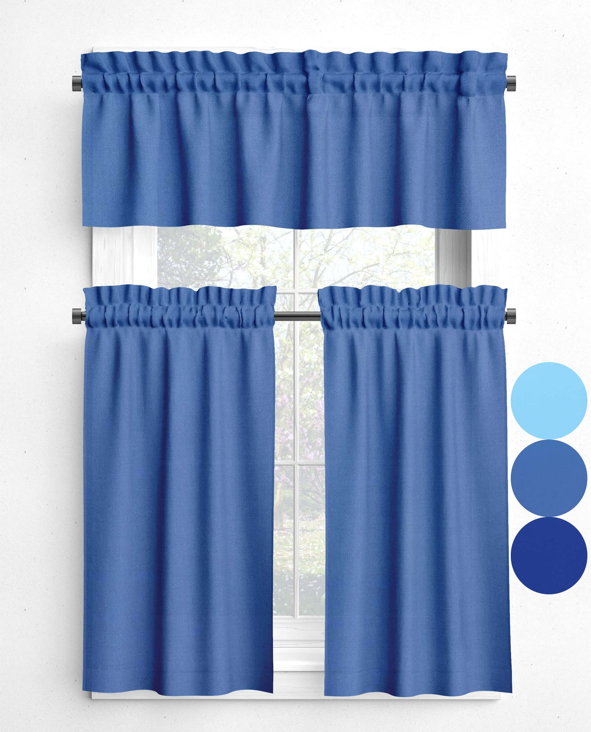 Bluebell, Cobalt, and Lapis Blue Valances and Cafe Curtains
