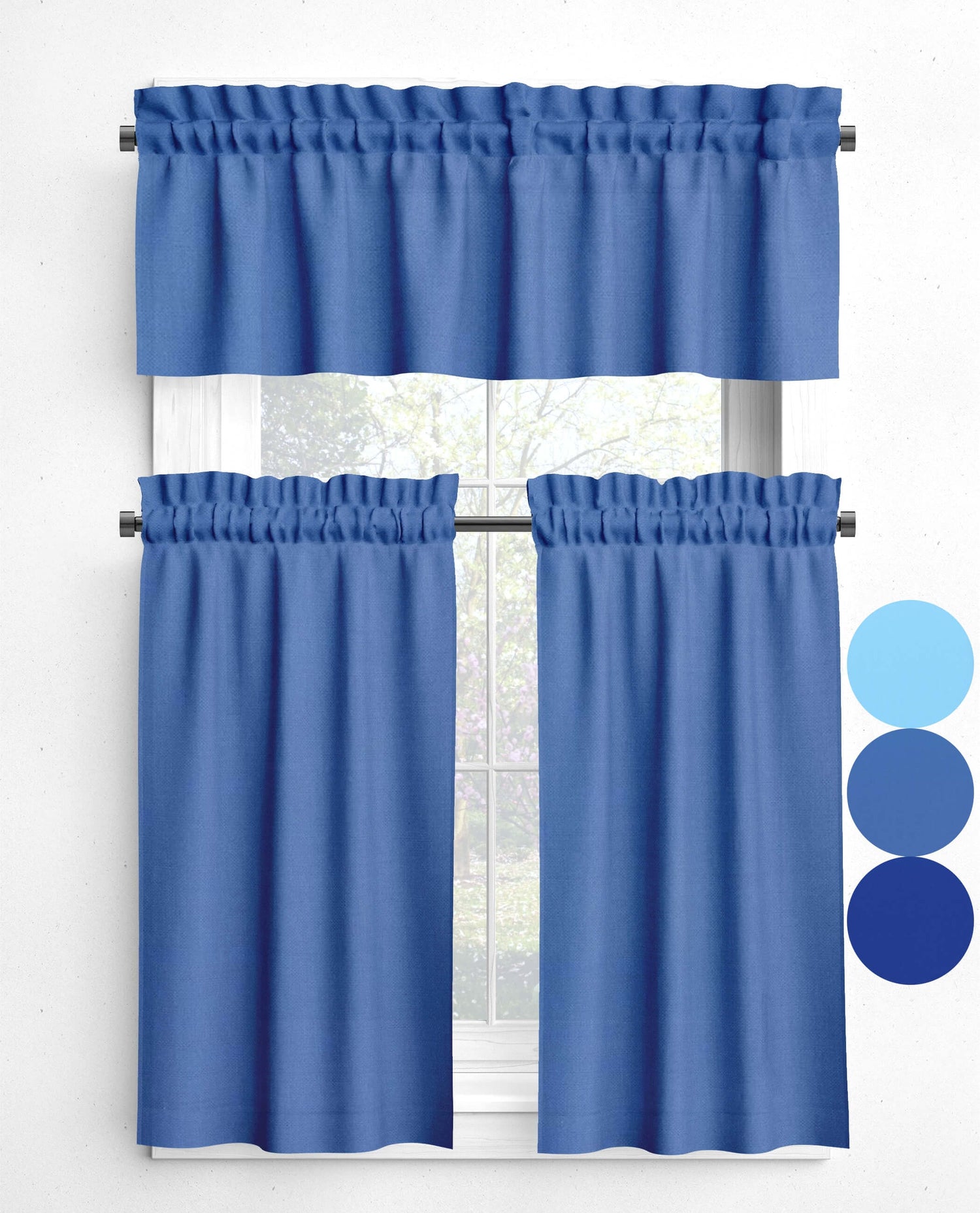 Bluebell, Cobalt, and Lapis Blue Valances and Cafe Curtains