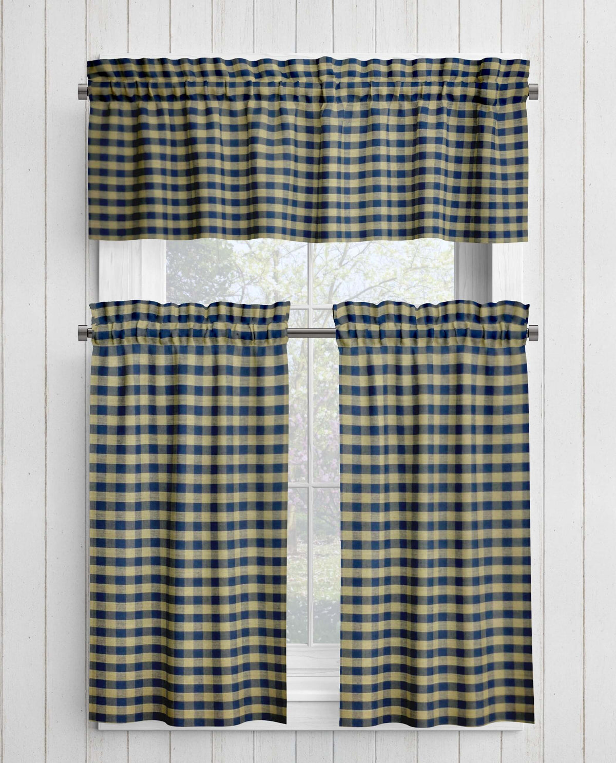 Navy Blue and Tan Homespun Curtains – Rustic Farmhouse Plaid checkered