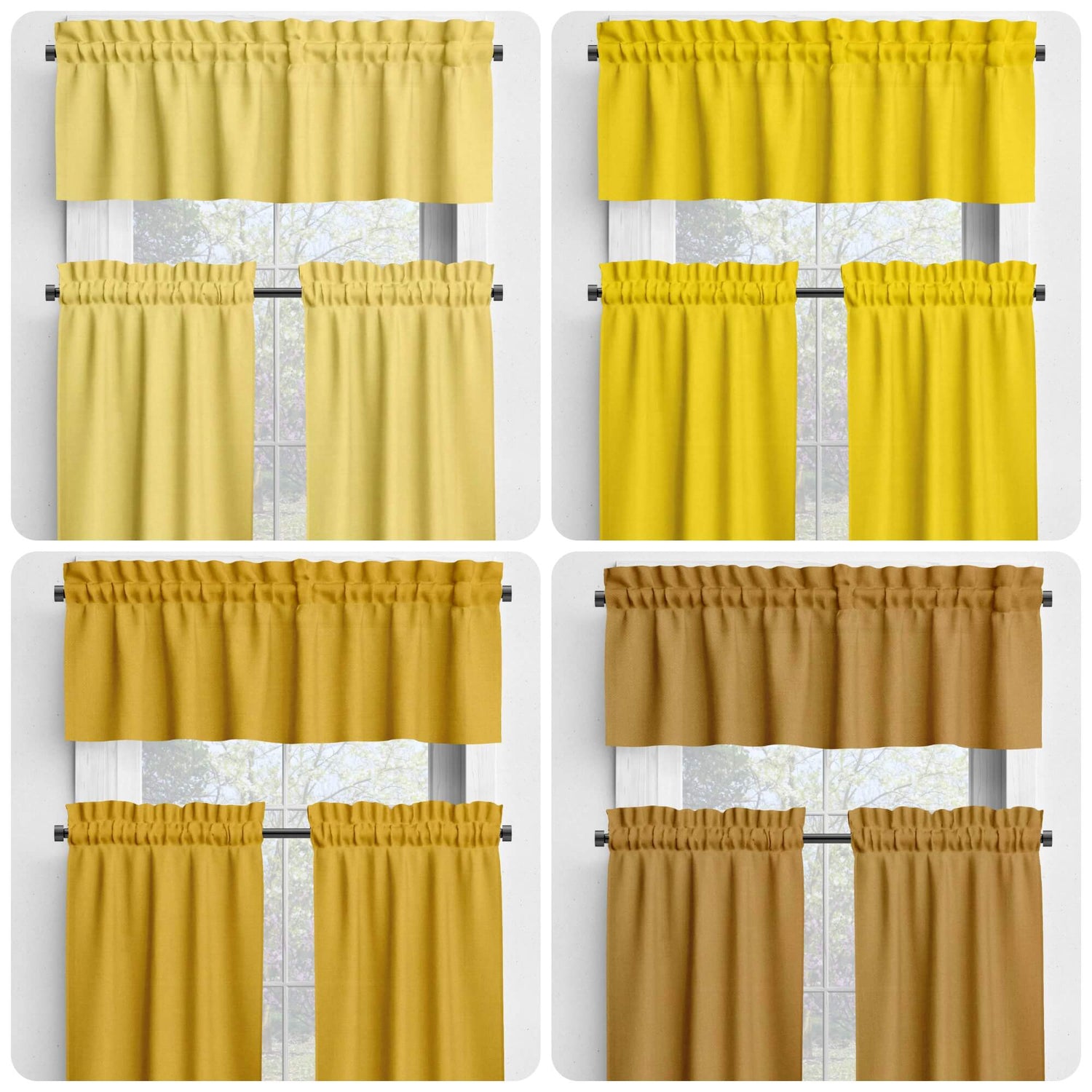 Light Yellow, Sunflower, Mustard, Harvest Gold Valances and Cafe Curtains