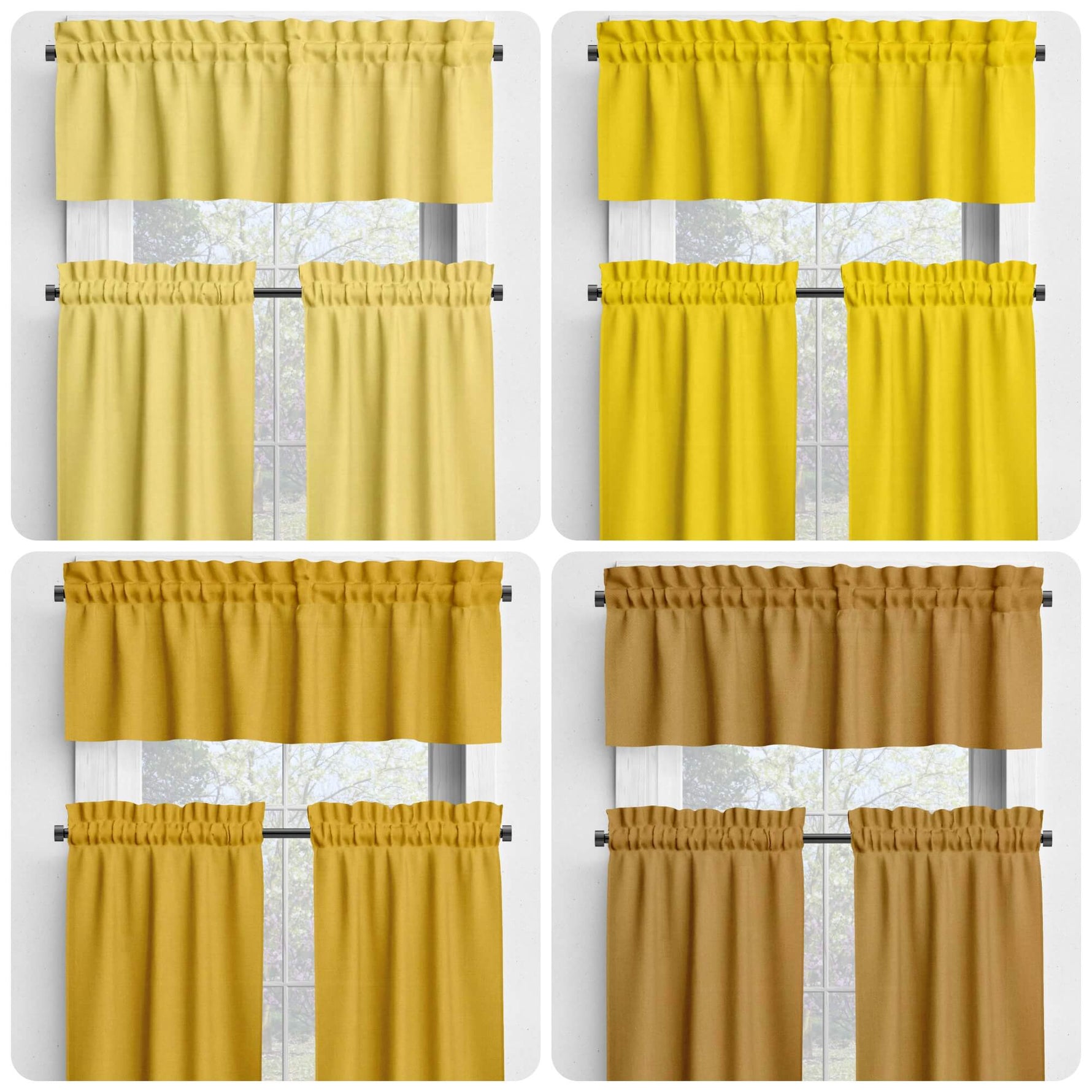 Light Yellow, Sunflower, Mustard, Harvest Gold Valances and Cafe Curtains