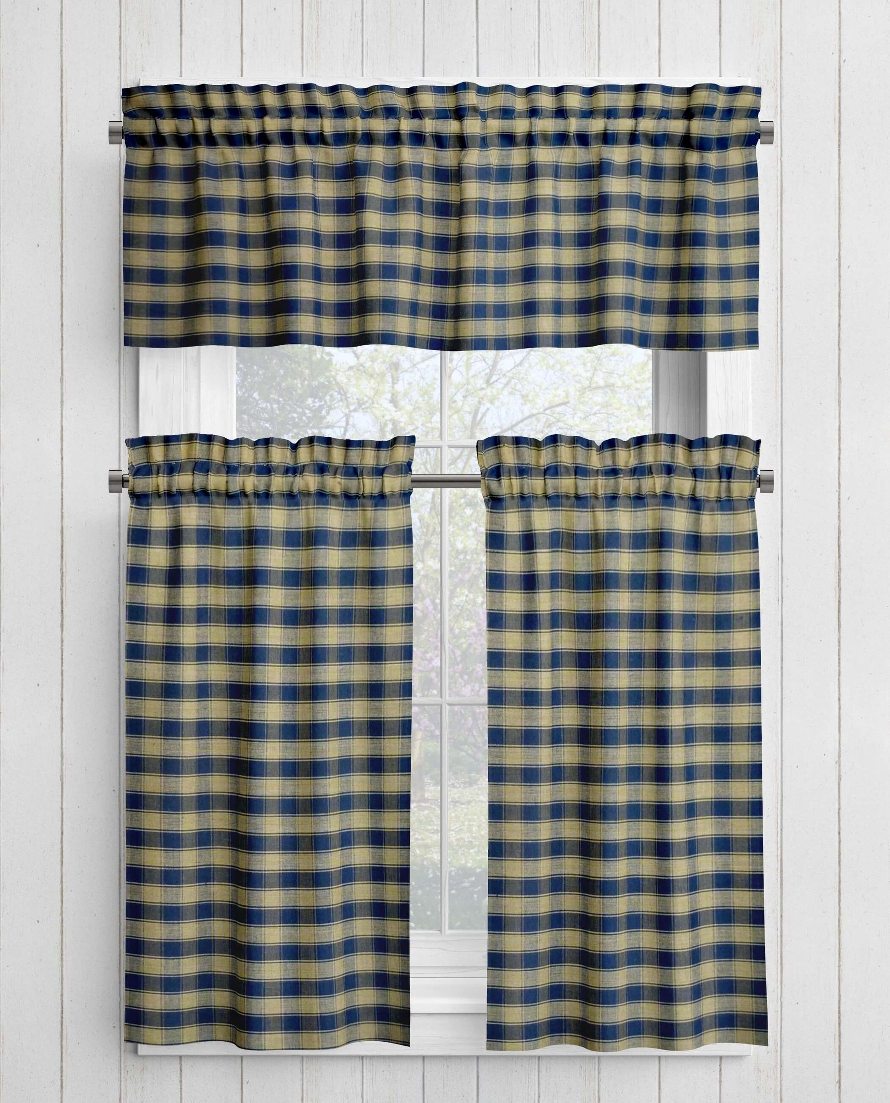 Navy Blue and Tan Homespun Curtains – Rustic Farmhouse Plaid