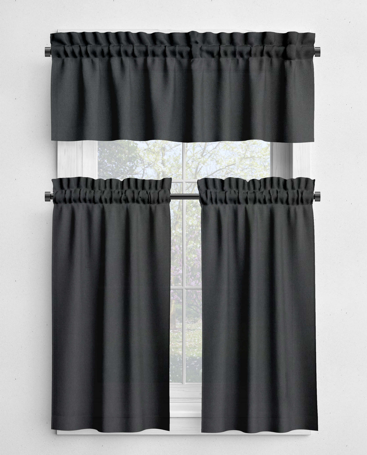 Black kitchen curtain set with a window background