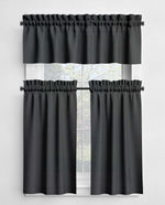Black kitchen curtain set with a window background