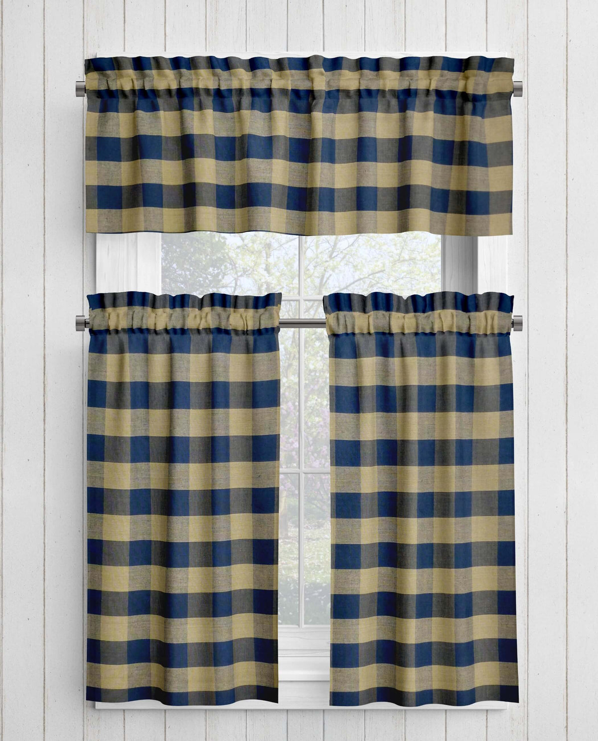 Navy Blue and Tan Homespun Curtains – Rustic Farmhouse Plaid Bufffalo Check