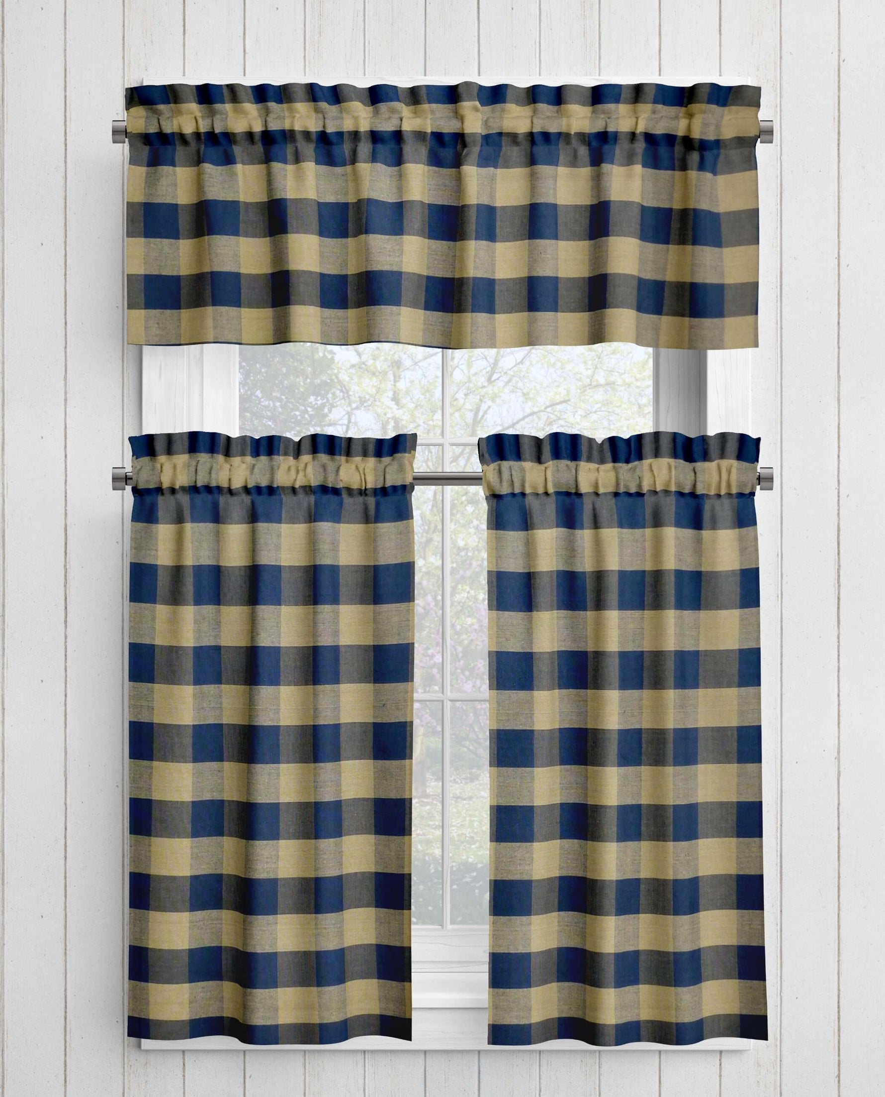 Navy Blue and Tan Homespun Curtains – Rustic Farmhouse Plaid Bufffalo Check
