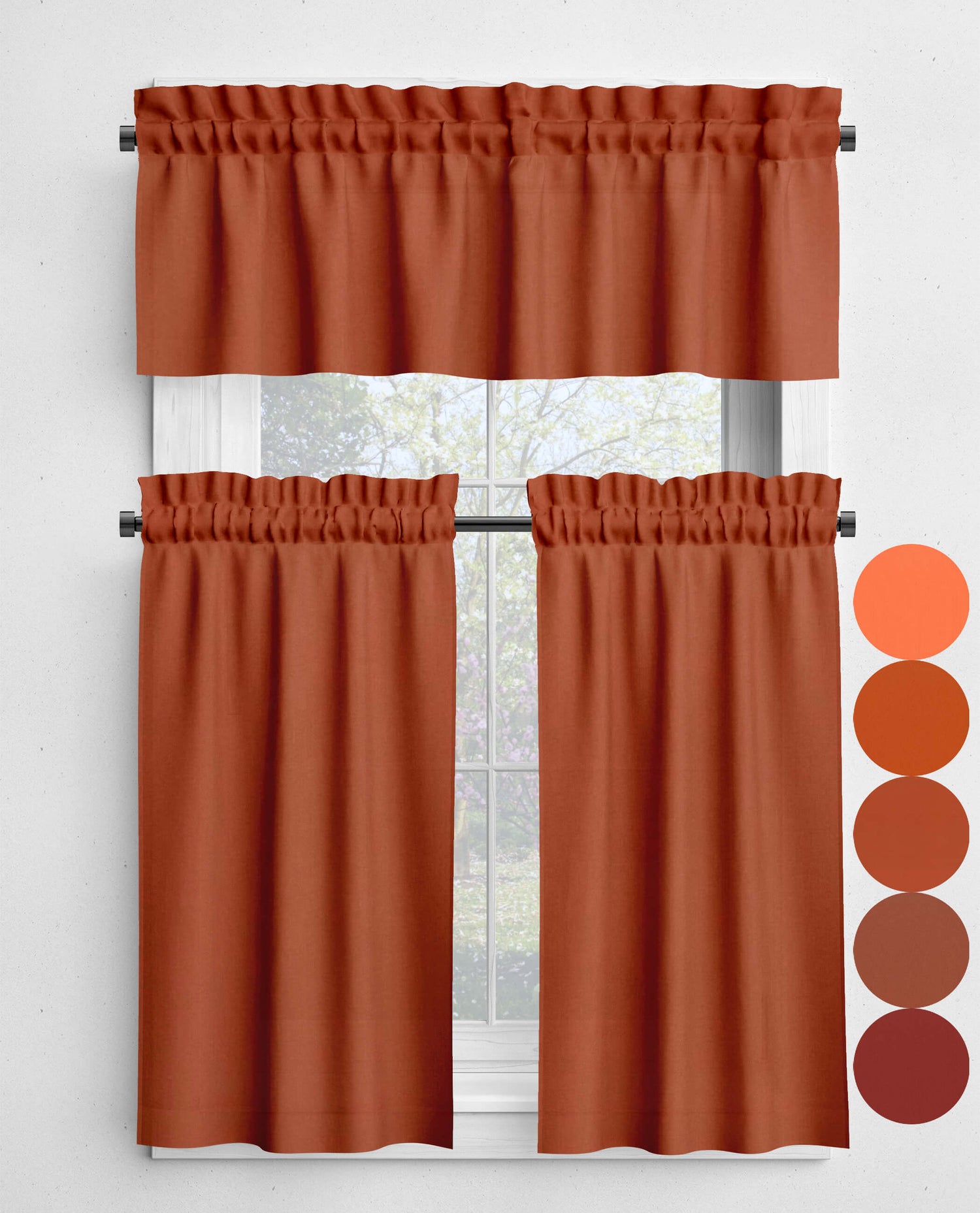 Melon, Orange, Rust, Spice, and Cinnamon Valances and Cafe Curtains