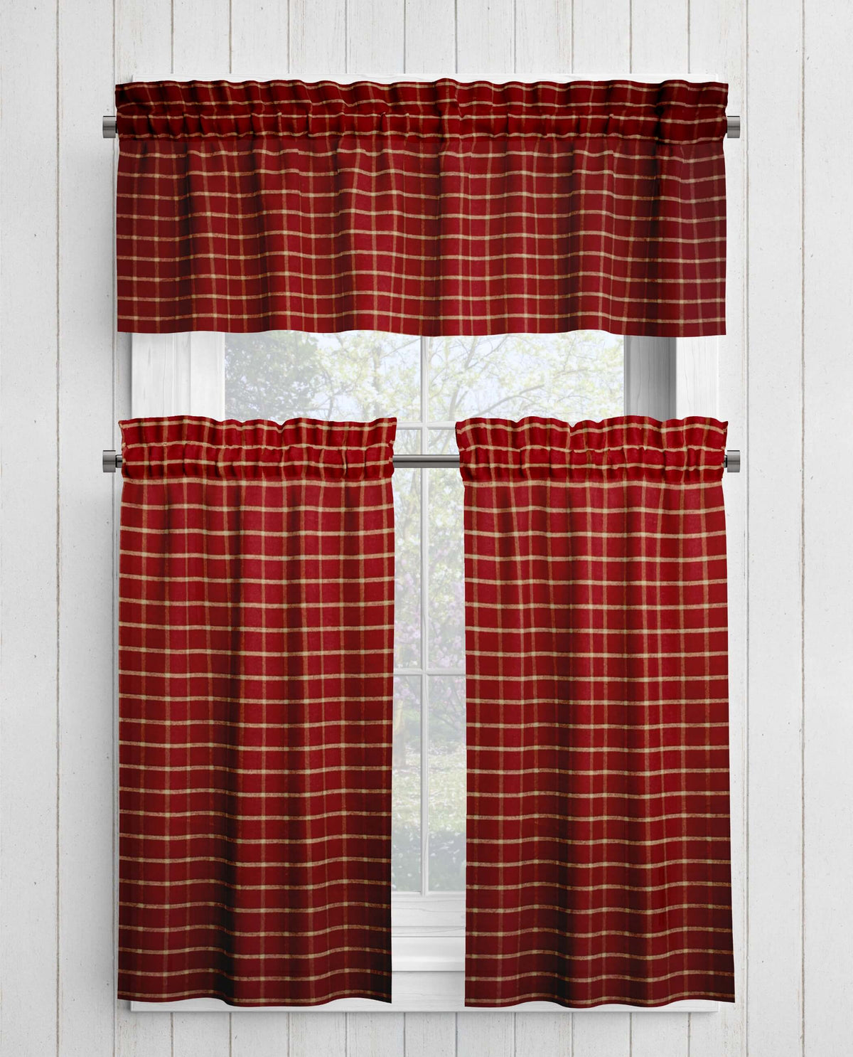 Burgundy Red and Tan Homespun Curtains – Rustic Farmhouse Plaid