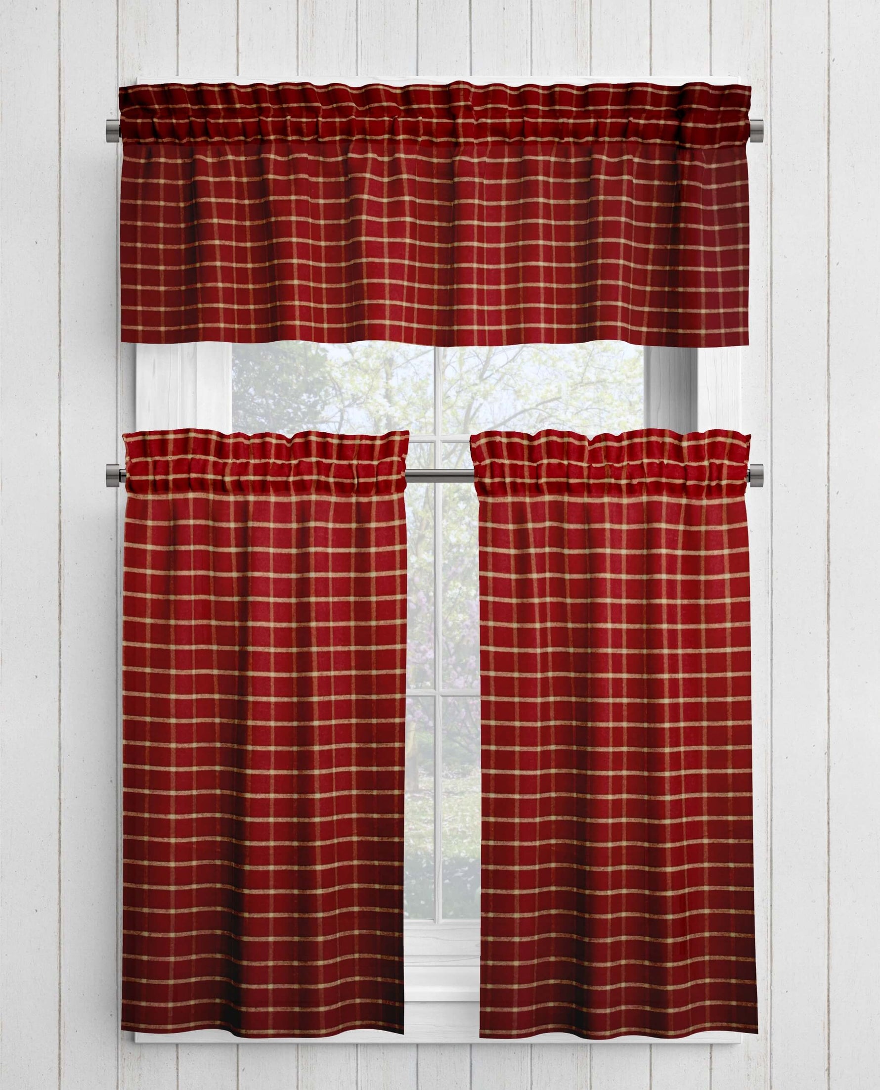 Burgundy Red and Tan Homespun Curtains – Rustic Farmhouse Plaid