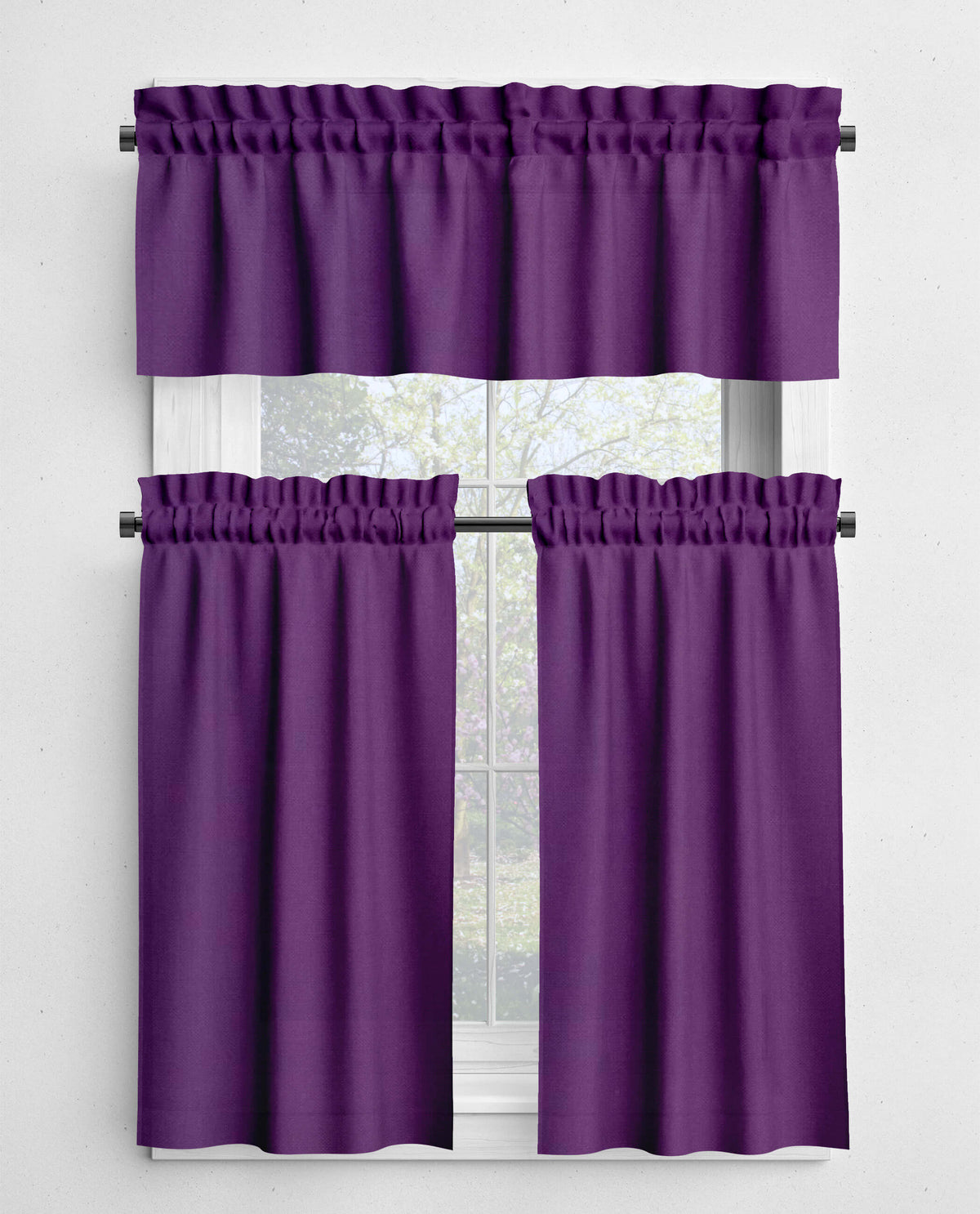 Purple window curtain set with a valance on a white background