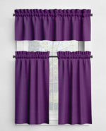 Purple window curtain set with a valance on a white background